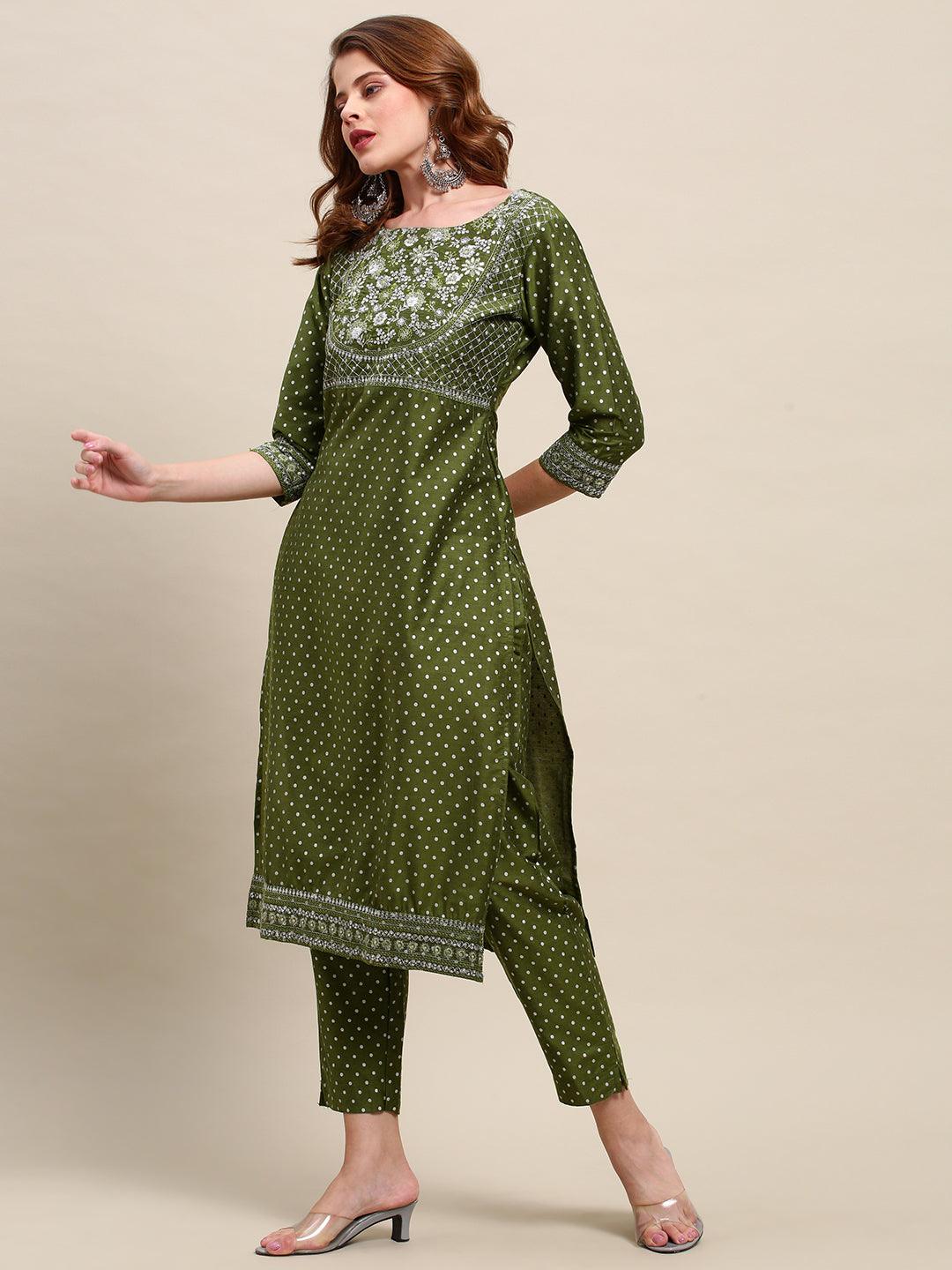 Polka Dots & Embroidered Straight Kurta & Pants with Dupatta - Green - Indiakreations