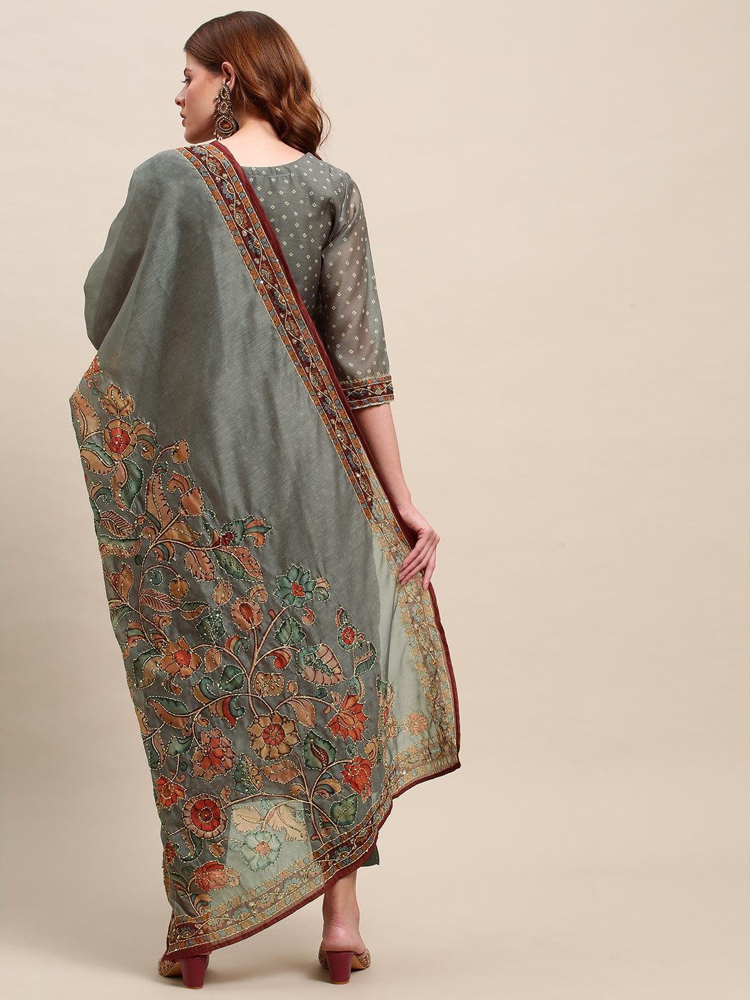 Hand Embroidered & Bandhej Printed Kurta & Pants & Dupatta - Gray - Indiakreations