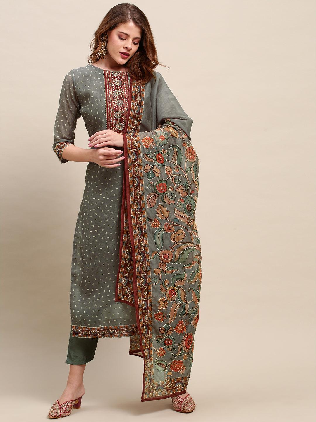 Hand Embroidered & Bandhej Printed Kurta & Pants & Dupatta - Gray - Indiakreations