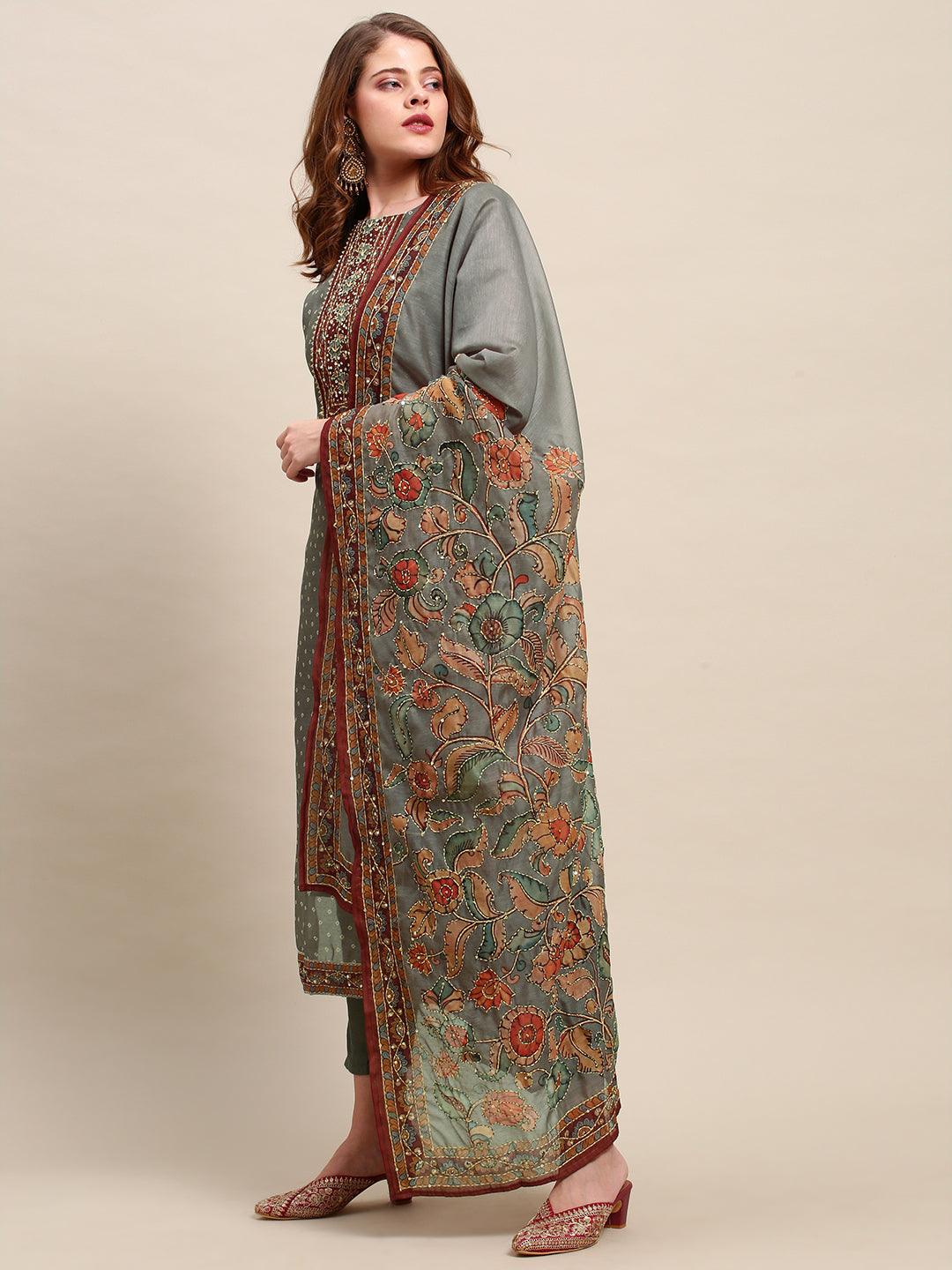 Hand Embroidered & Bandhej Printed Kurta & Pants & Dupatta - Gray - Indiakreations