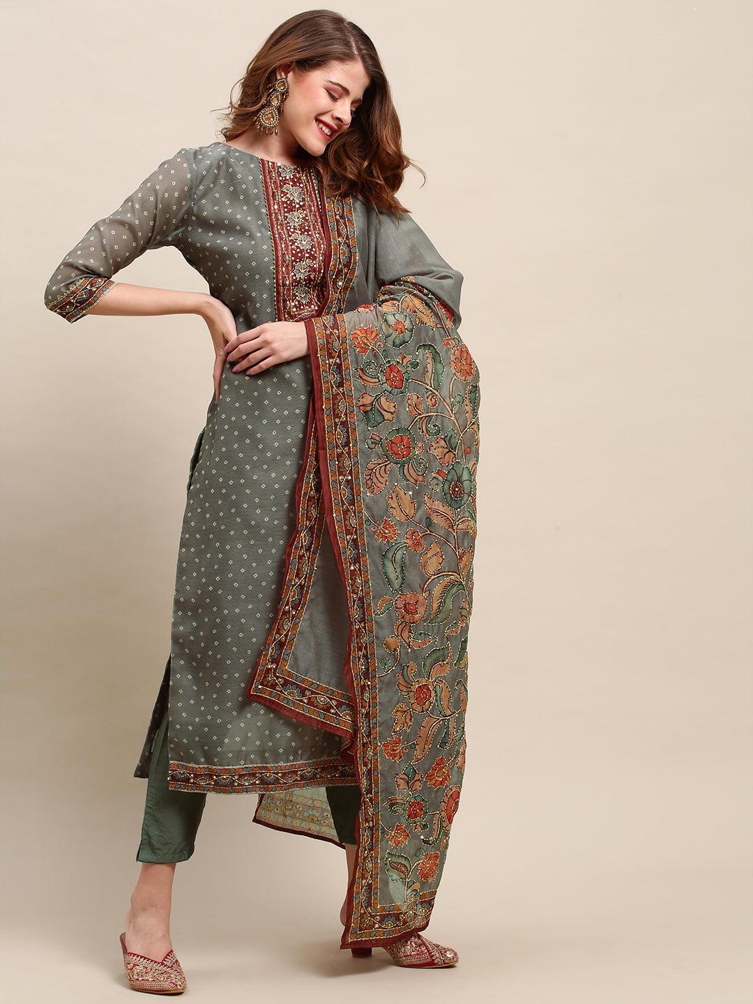 Hand Embroidered & Bandhej Printed Kurta & Pants & Dupatta - Gray - Indiakreations