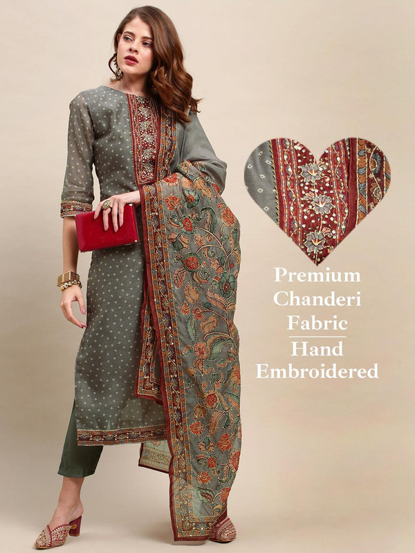 Hand Embroidered & Bandhej Printed Kurta & Pants & Dupatta - Gray - Indiakreations