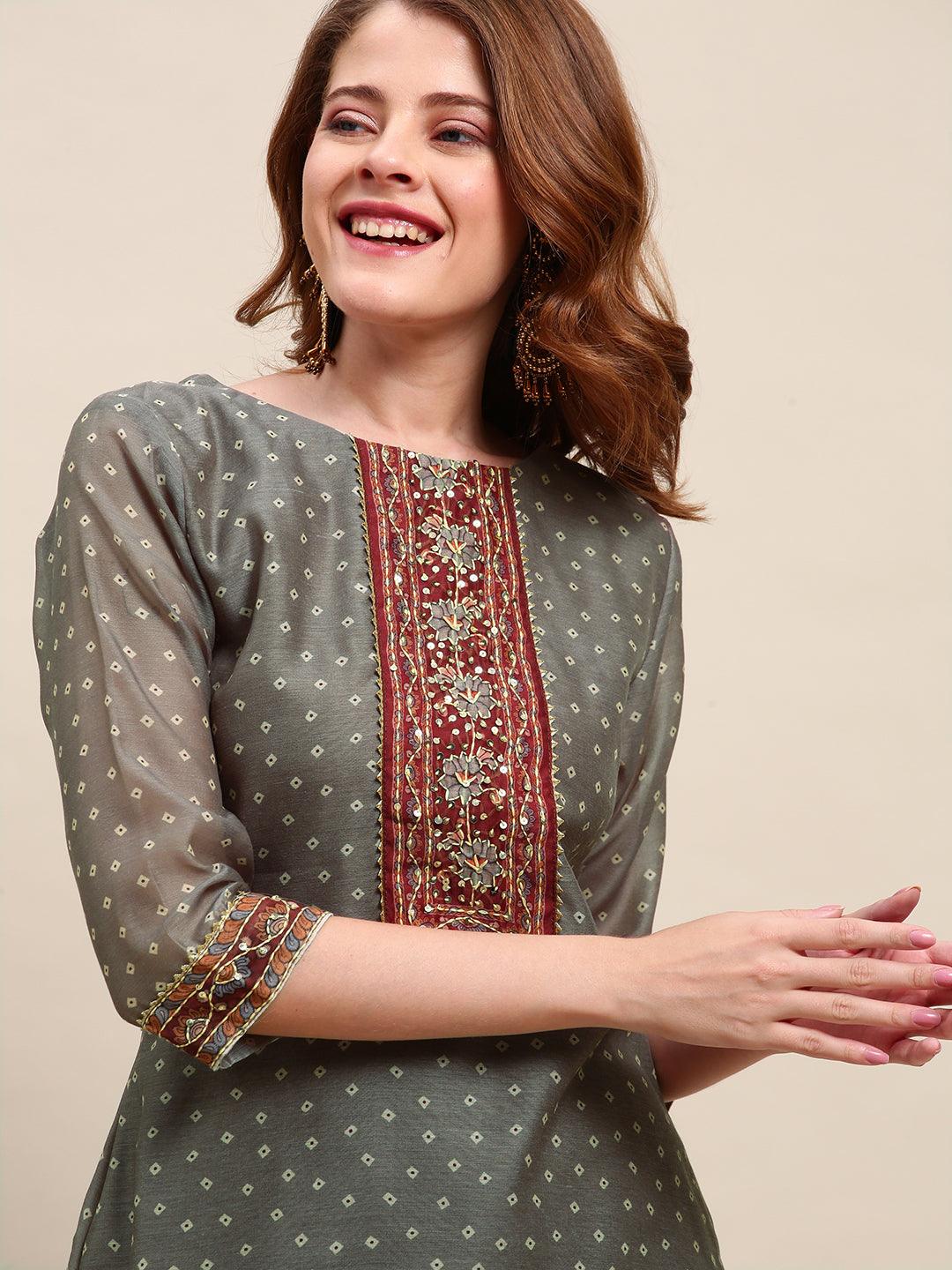 Hand Embroidered & Bandhej Printed Kurta & Pants & Dupatta - Gray - Indiakreations