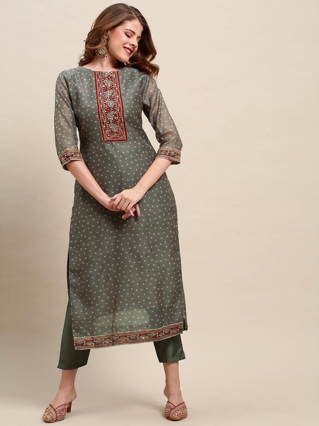 Hand Embroidered & Bandhej Printed Kurta & Pants & Dupatta - Gray - Indiakreations