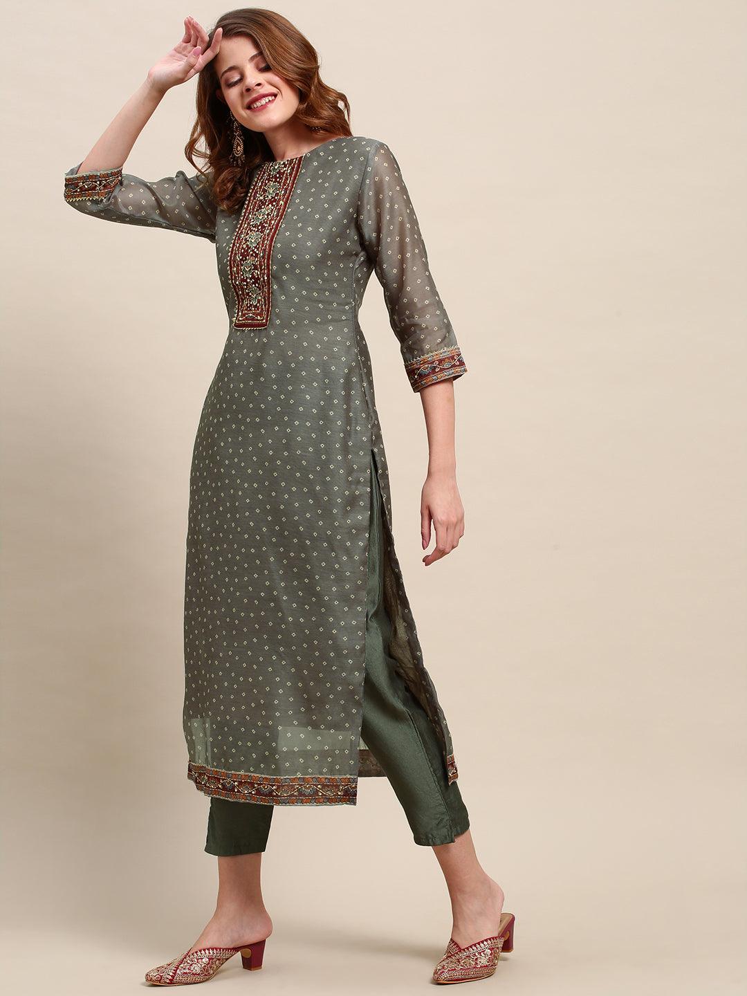 Hand Embroidered & Bandhej Printed Kurta & Pants & Dupatta - Gray - Indiakreations