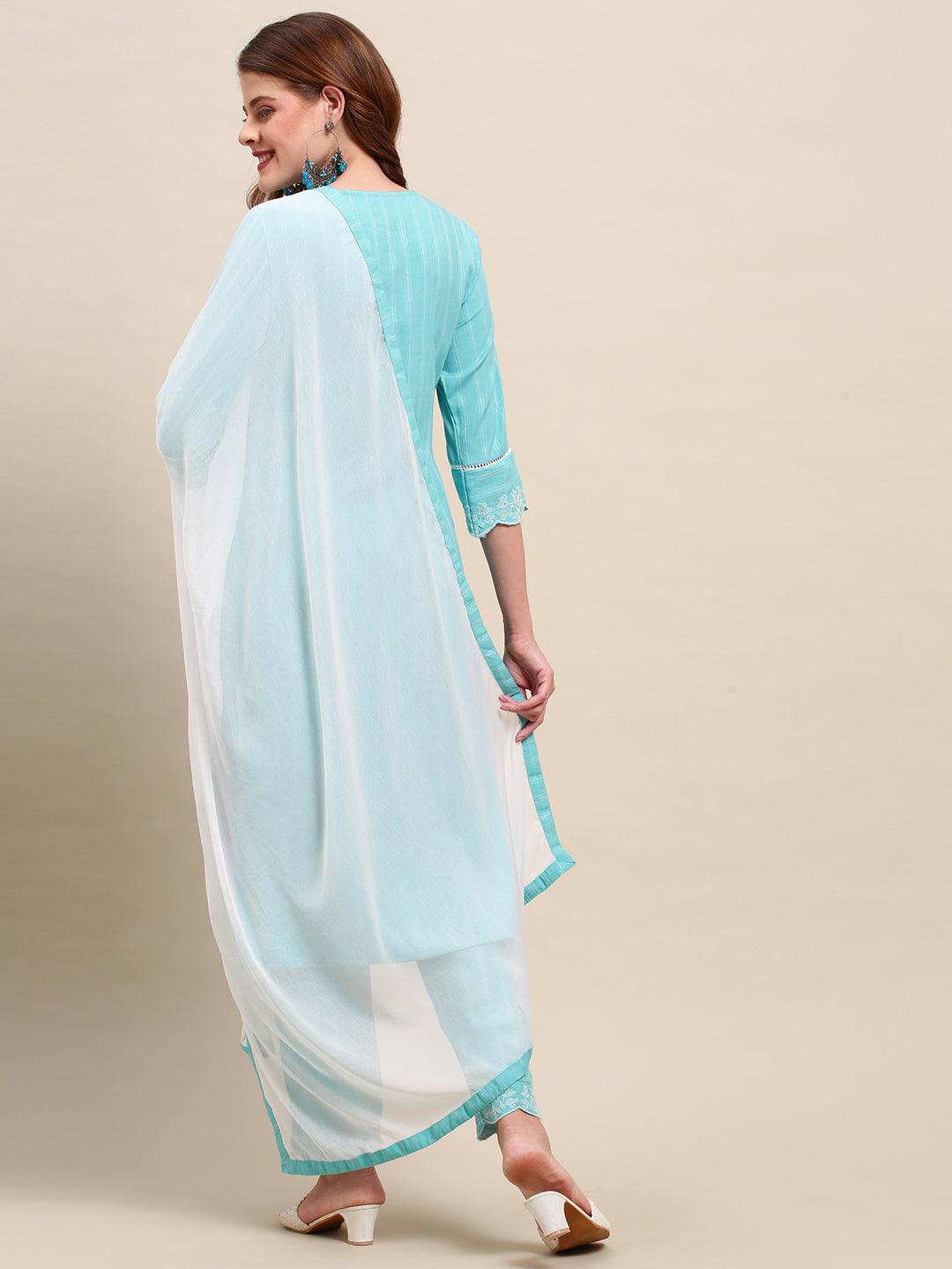 Ethnic Embroidered Straight Fit Kurta & Pants & Dupatta - Turquoise - Indiakreations