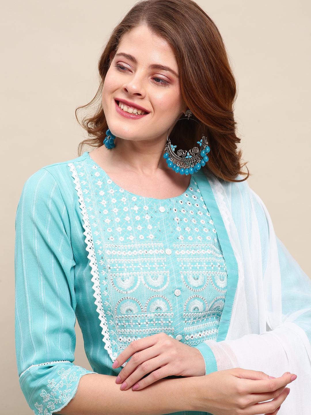 Ethnic Embroidered Straight Fit Kurta & Pants & Dupatta - Turquoise - Indiakreations