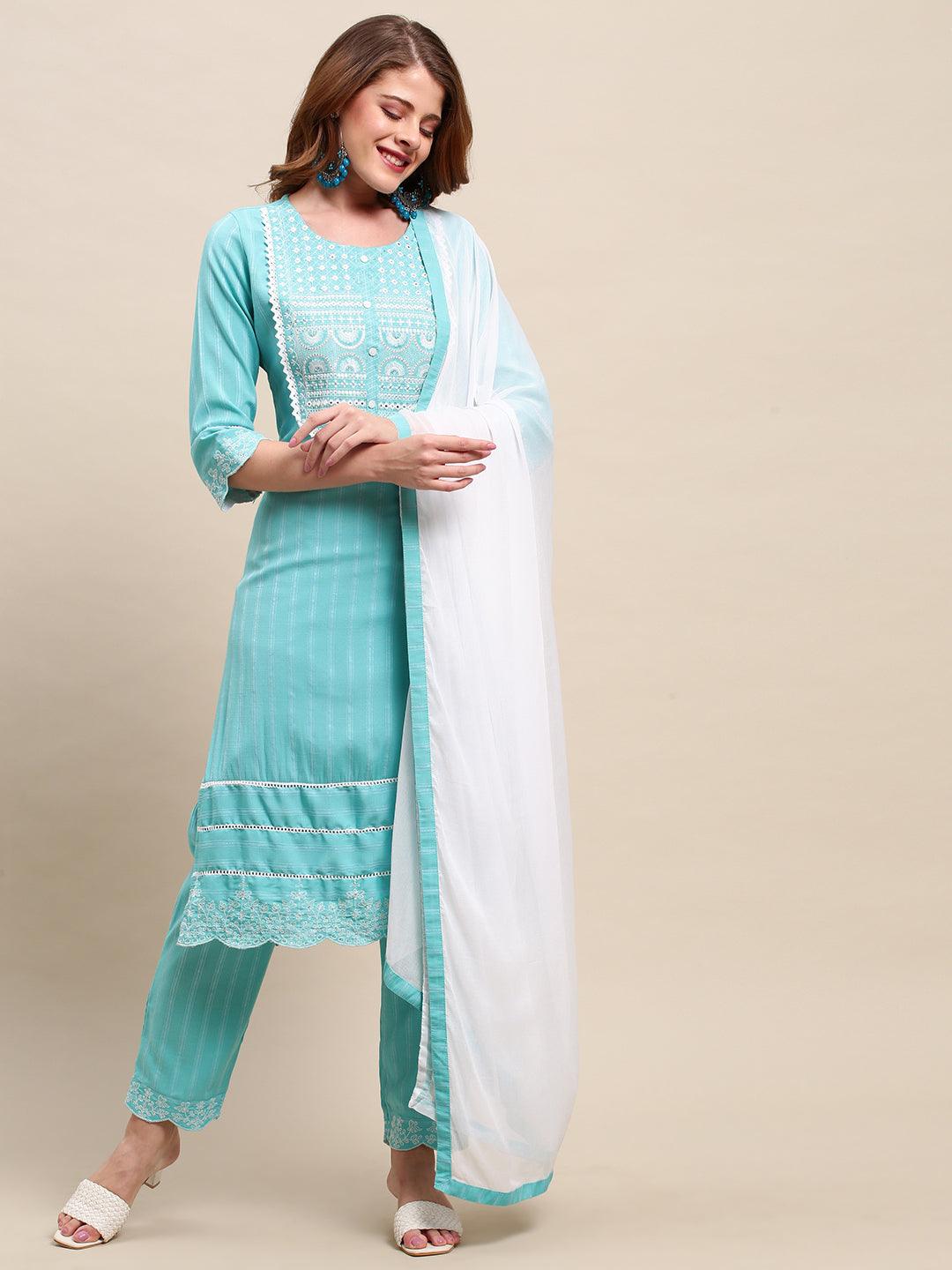 Ethnic Embroidered Straight Fit Kurta & Pants & Dupatta - Turquoise - Indiakreations