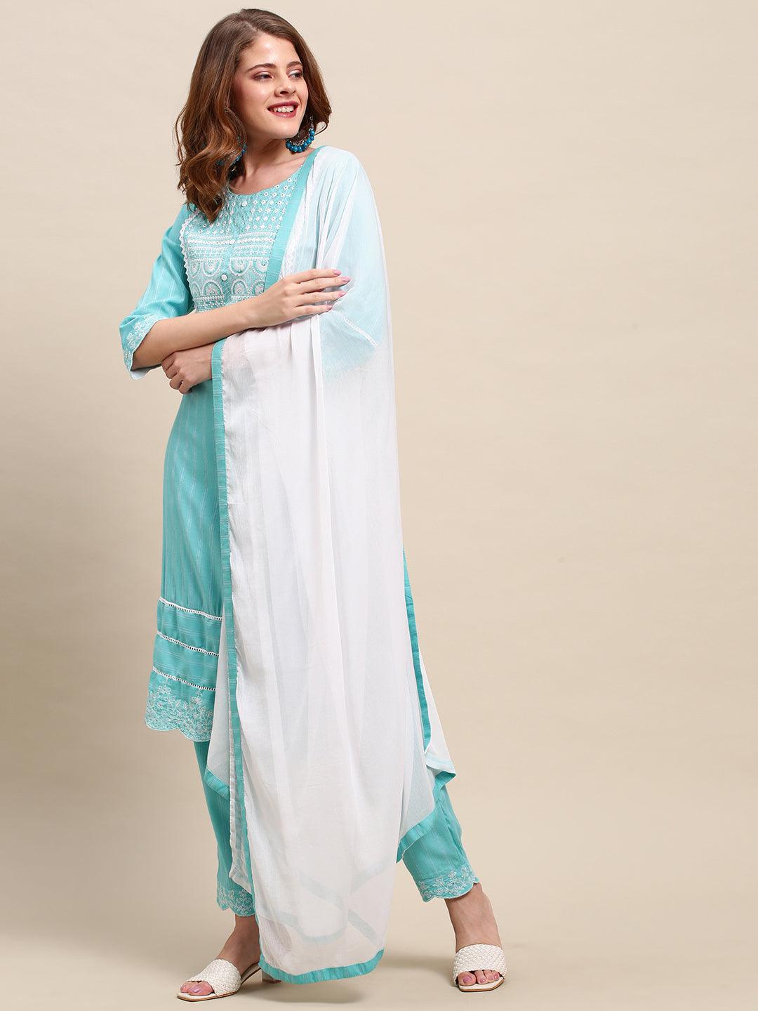 Ethnic Embroidered Straight Fit Kurta & Pants & Dupatta - Turquoise - Indiakreations