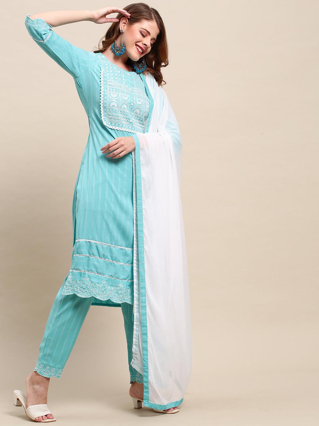 Ethnic Embroidered Straight Fit Kurta & Pants & Dupatta - Turquoise - Indiakreations