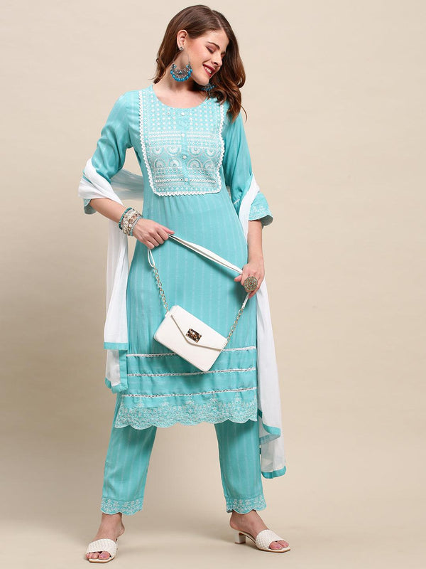 Ethnic Embroidered Straight Fit Kurta & Pants & Dupatta - Turquoise - Indiakreations