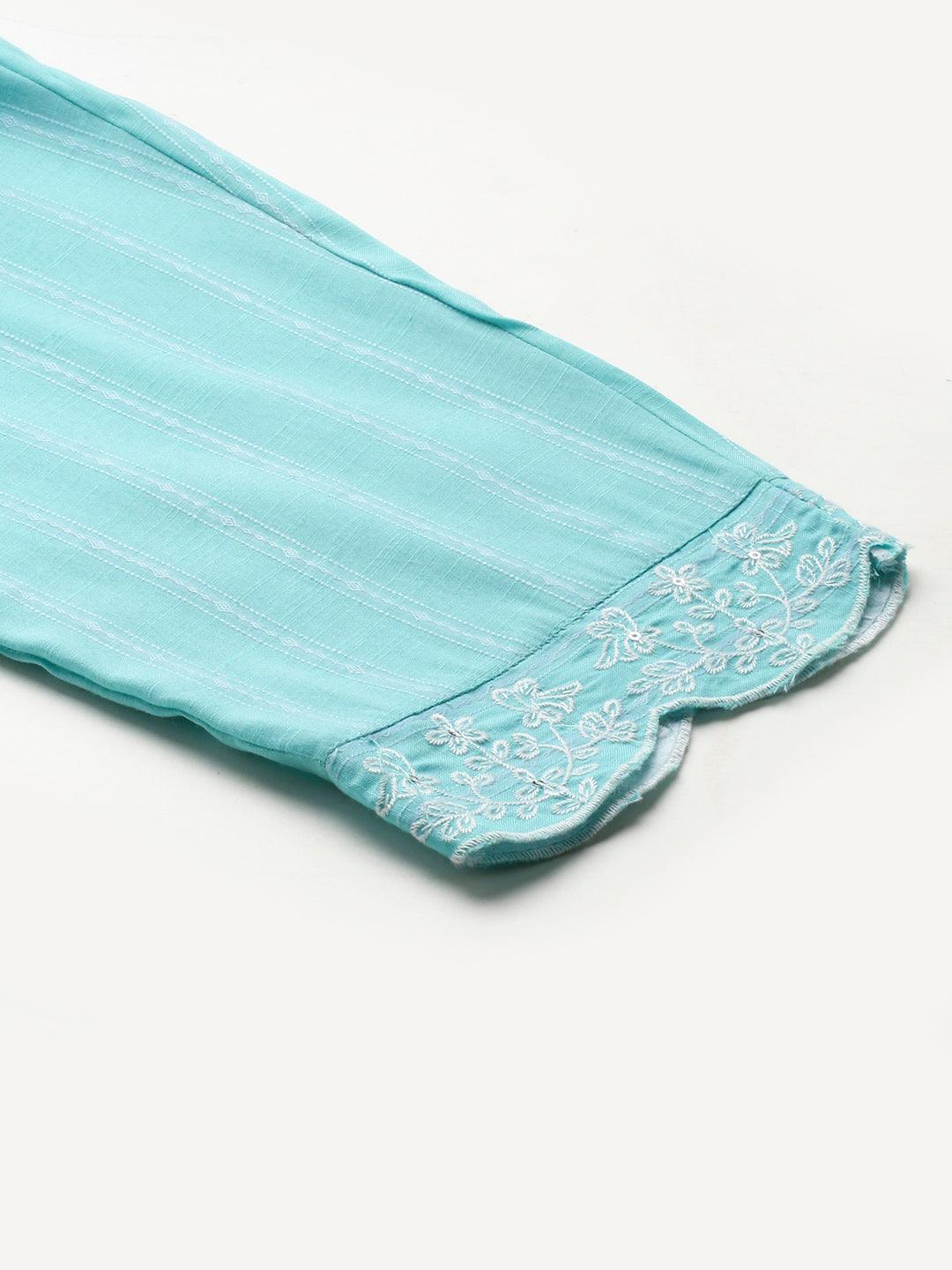 Ethnic Embroidered Straight Fit Kurta & Pants & Dupatta - Turquoise - Indiakreations