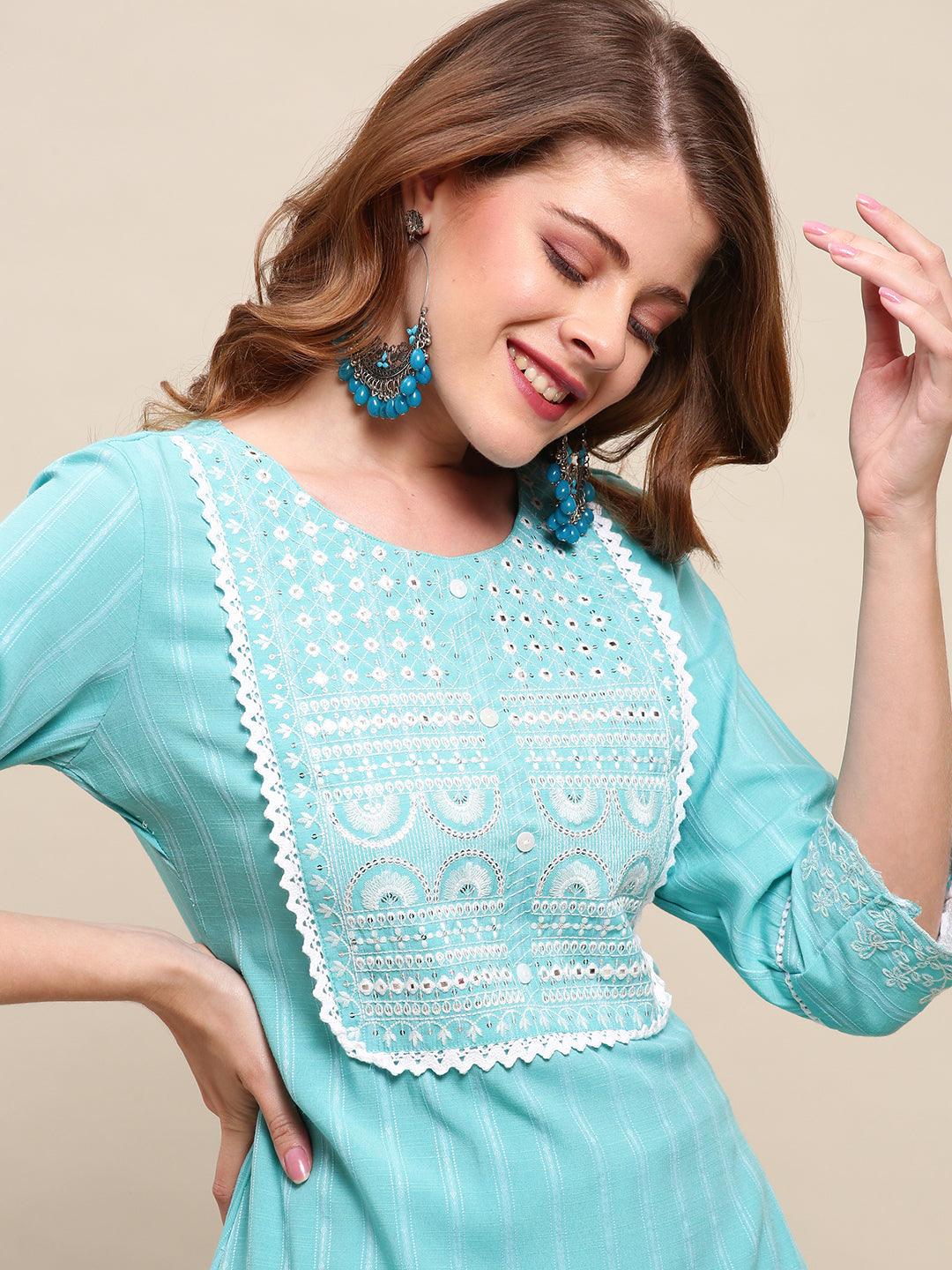 Ethnic Embroidered Straight Fit Kurta & Pants & Dupatta - Turquoise - Indiakreations