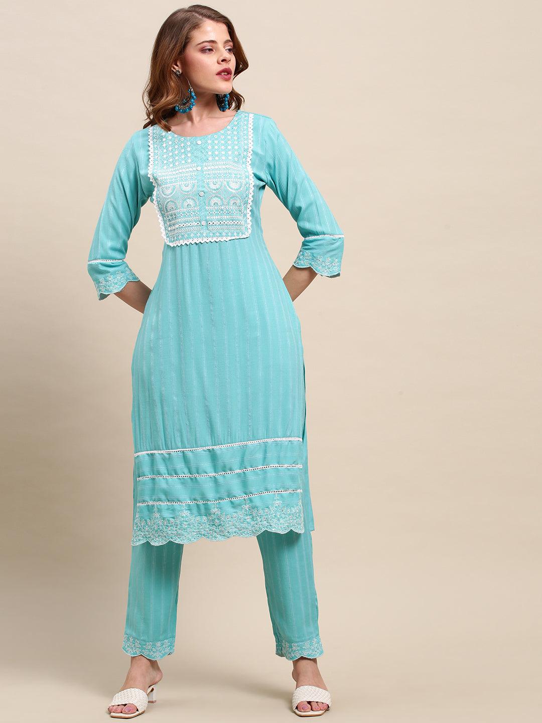 Ethnic Embroidered Straight Fit Kurta & Pants & Dupatta - Turquoise - Indiakreations