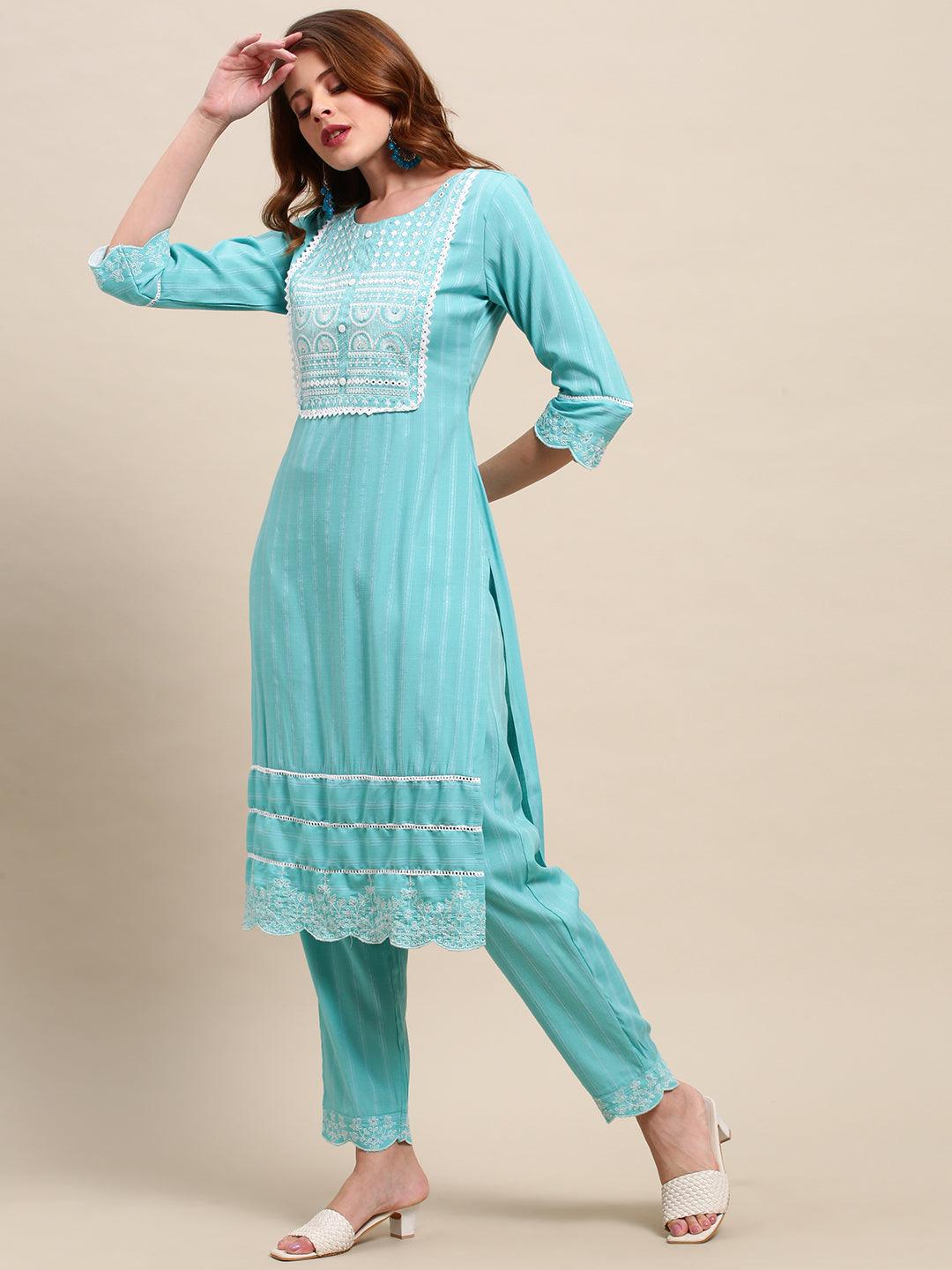 Ethnic Embroidered Straight Fit Kurta & Pants & Dupatta - Turquoise - Indiakreations