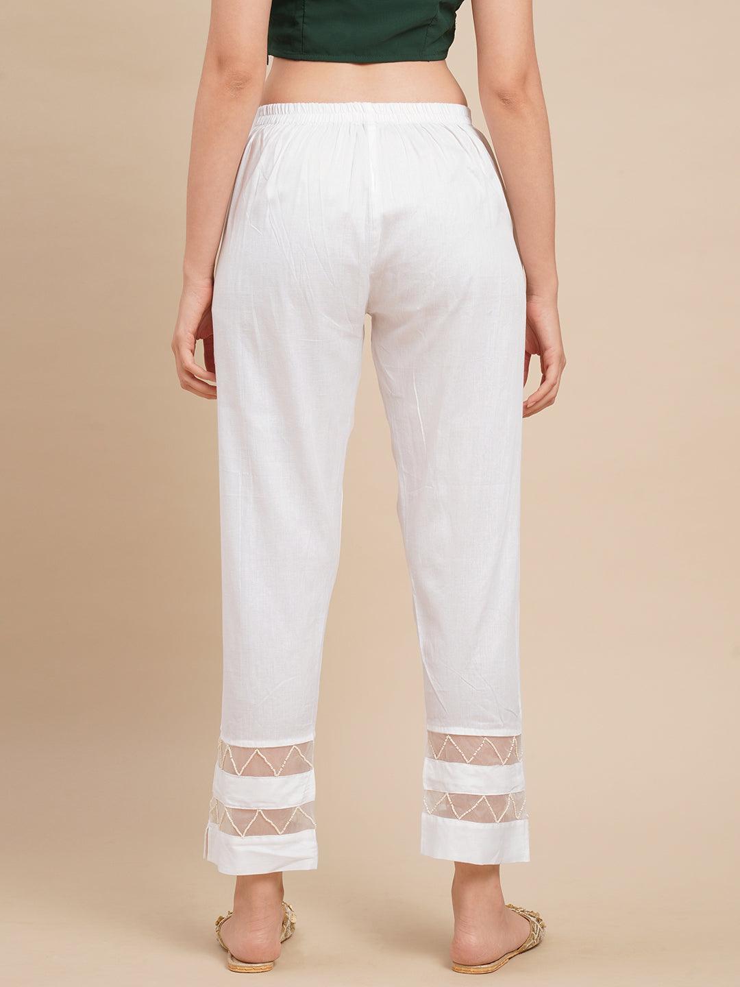 Solid Zig Zag Embroidered Ankle Pants - White - Indiakreations