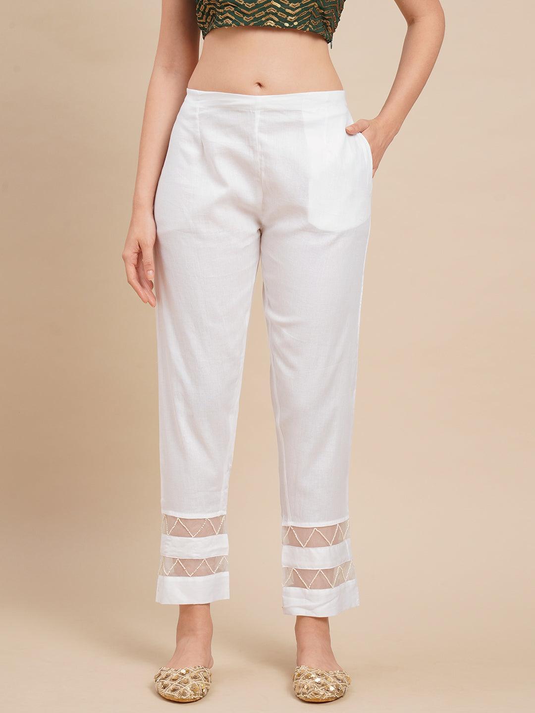 Solid Zig Zag Embroidered Ankle Pants - White - Indiakreations