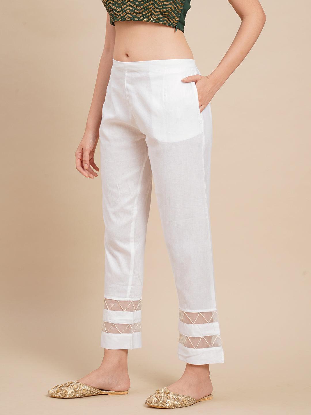 Solid Zig Zag Embroidered Ankle Pants - White - Indiakreations