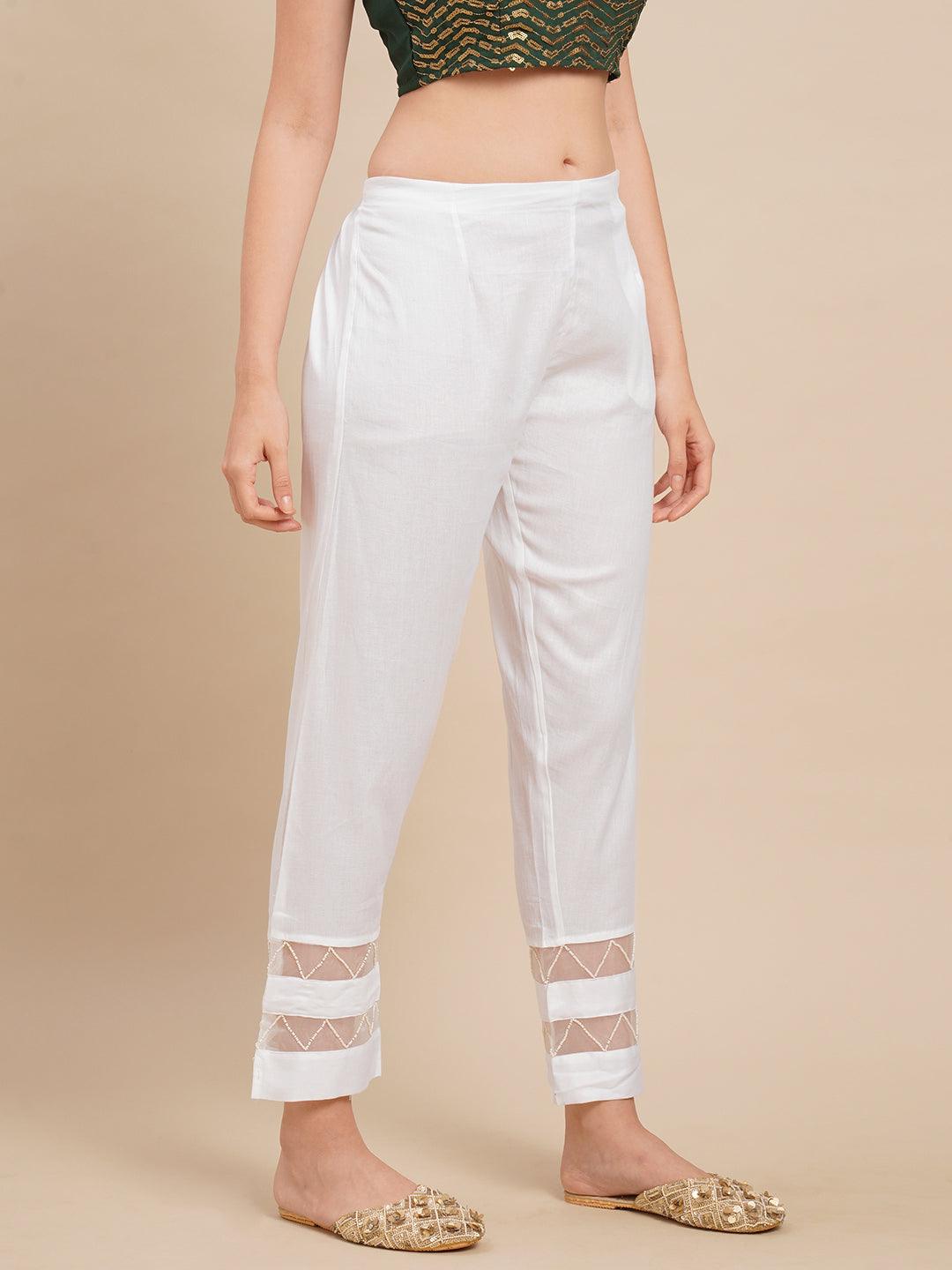 Solid Zig Zag Embroidered Ankle Pants - White - Indiakreations