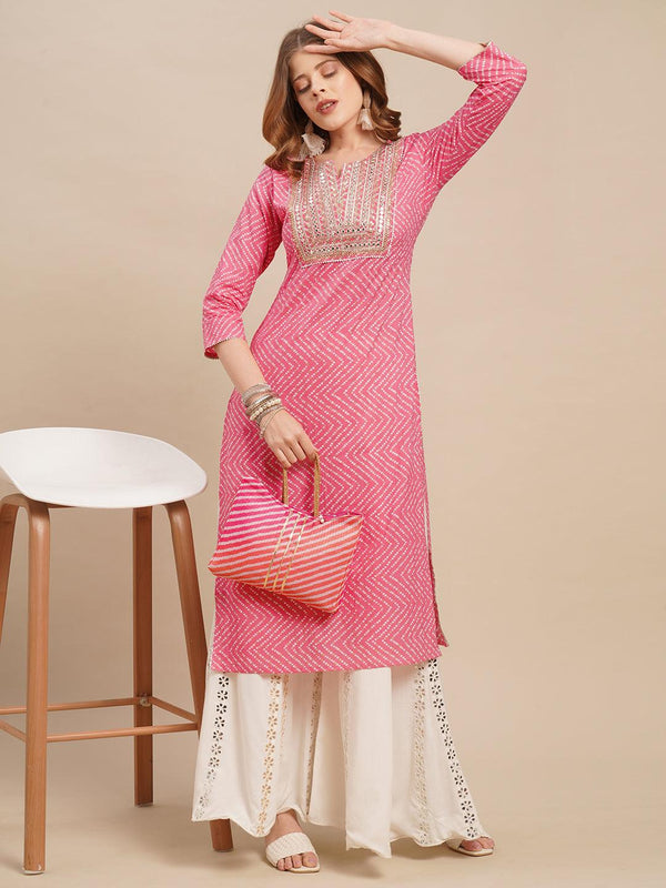 Bandhani Printed & Zari Embroidered Straight Fit Kurta - Pink - Indiakreations