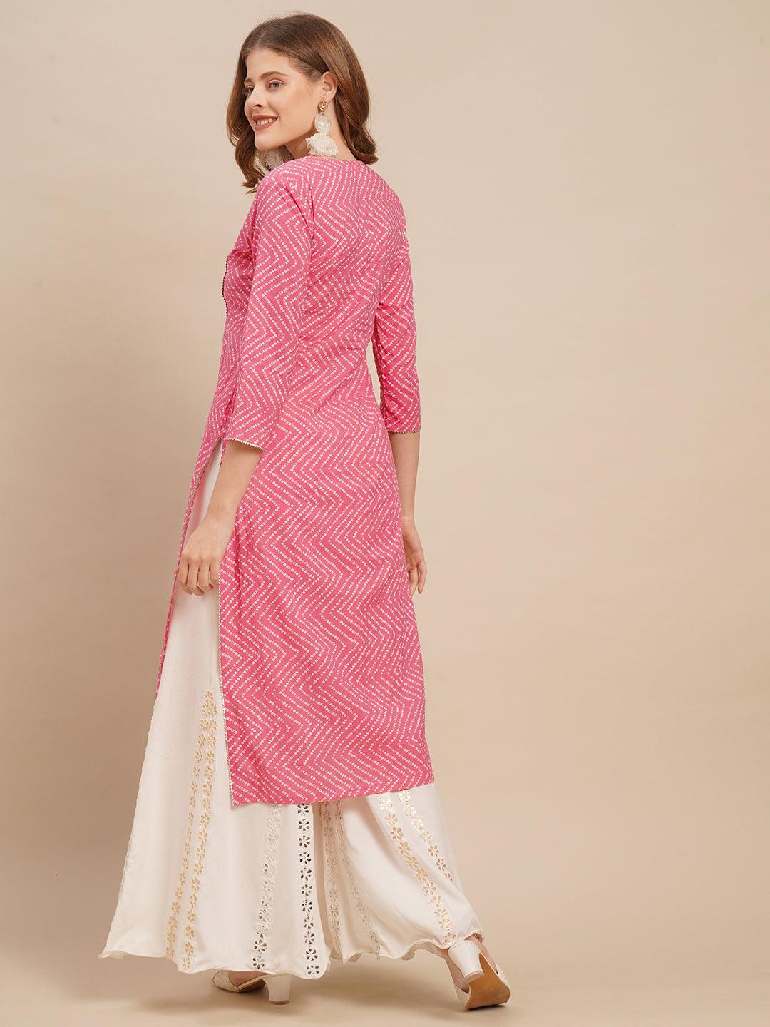 Bandhani Printed & Zari Embroidered Straight Fit Kurta - Pink - Indiakreations