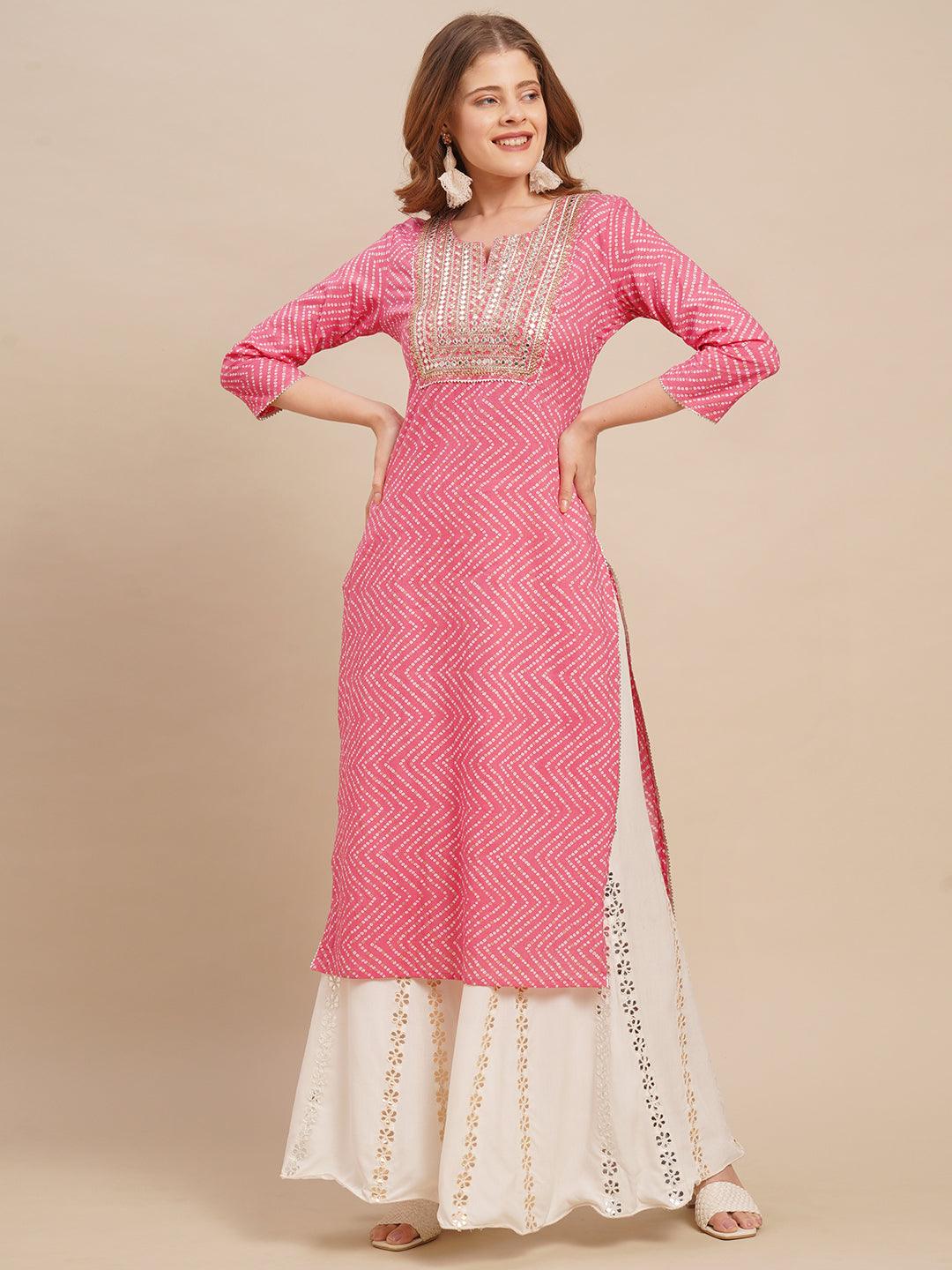 Bandhani Printed & Zari Embroidered Straight Fit Kurta - Pink - Indiakreations