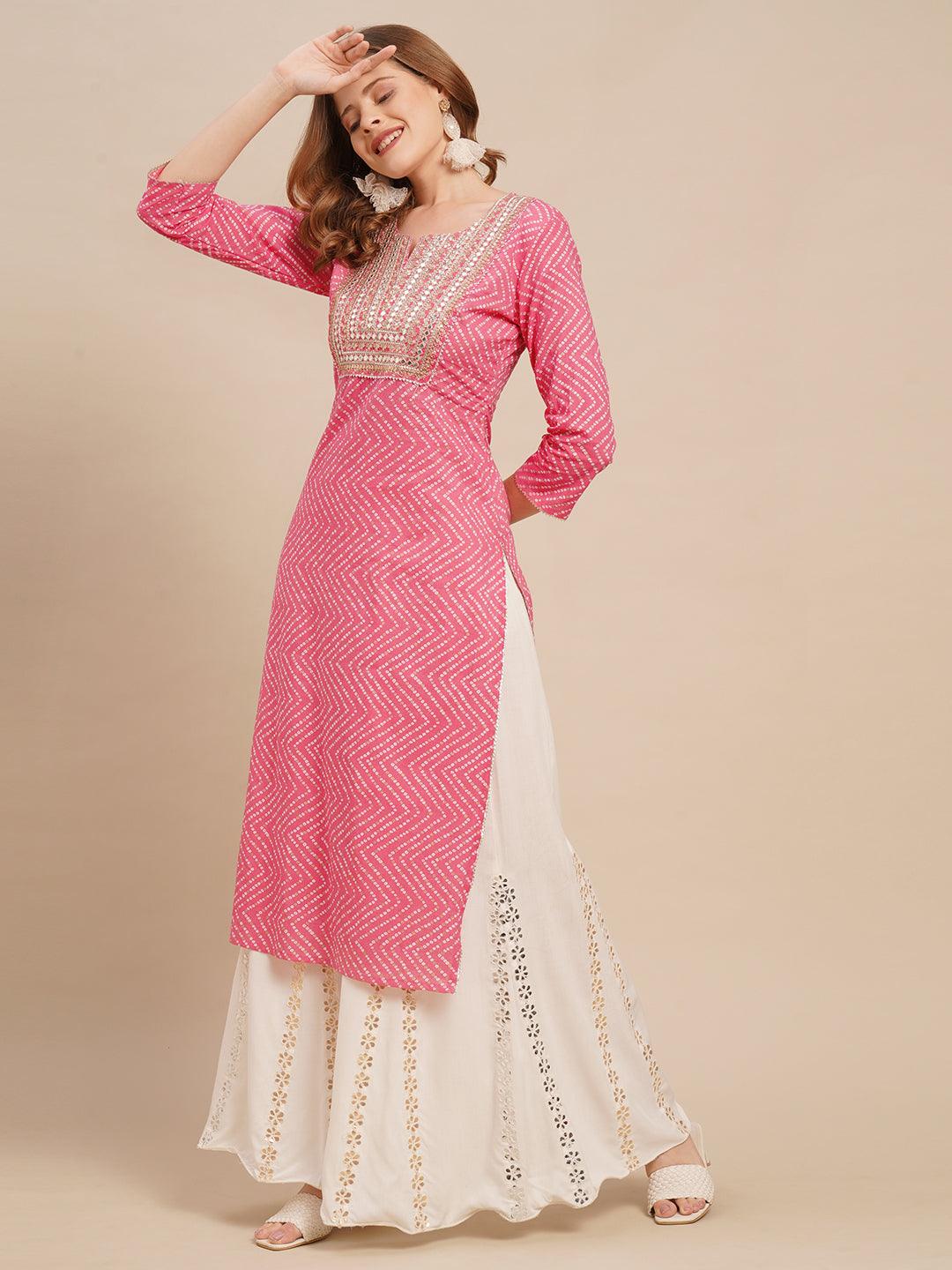 Bandhani Printed & Zari Embroidered Straight Fit Kurta - Pink - Indiakreations