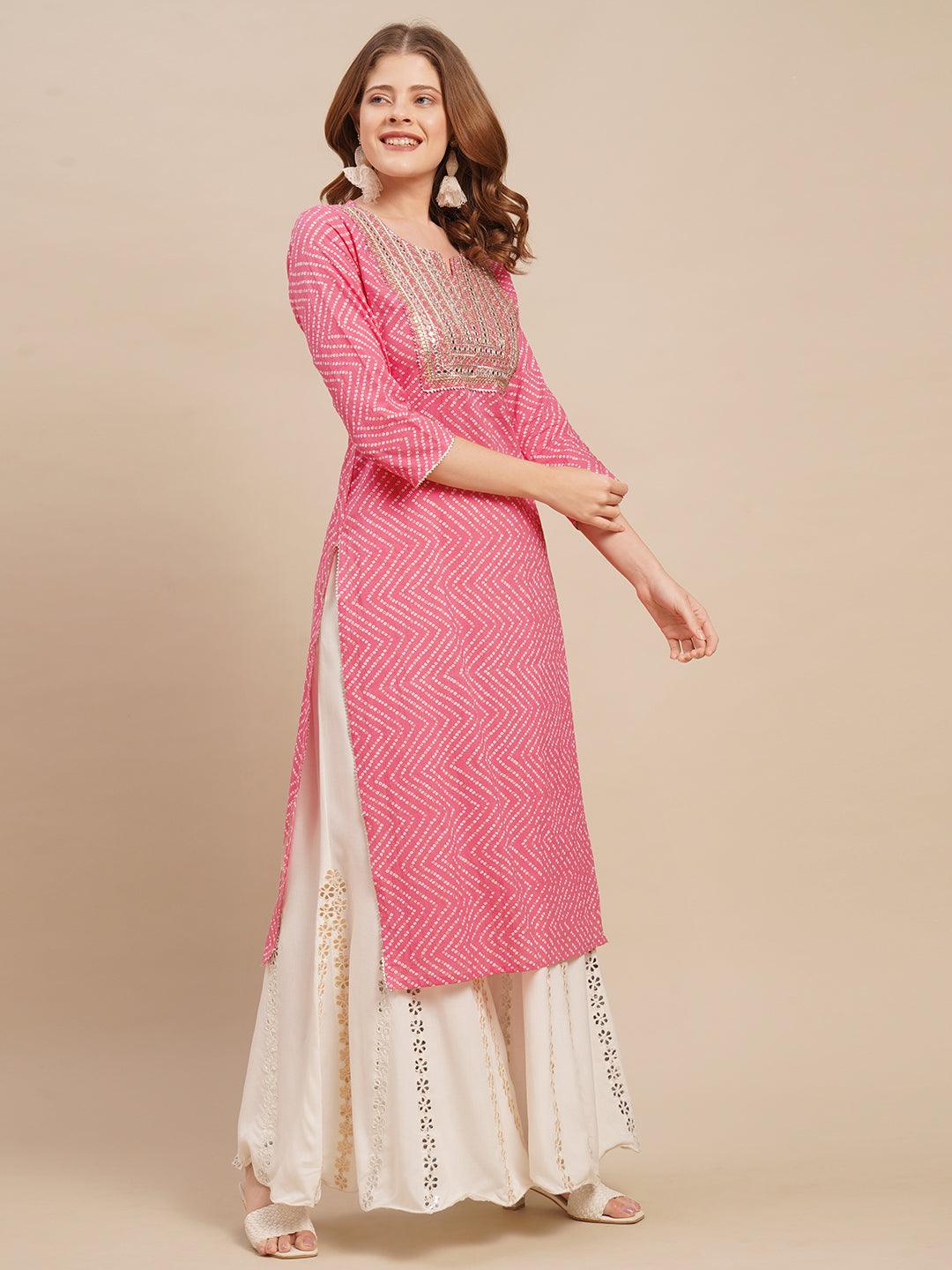 Bandhani Printed & Zari Embroidered Straight Fit Kurta - Pink - Indiakreations