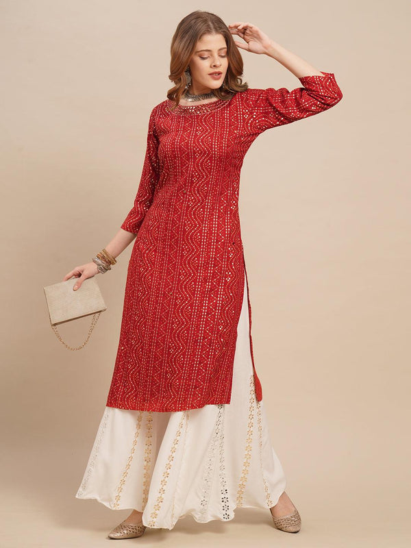 Bandhani Printed & Mirror Embroidered Straight Fit Kurta - Red - Indiakreations