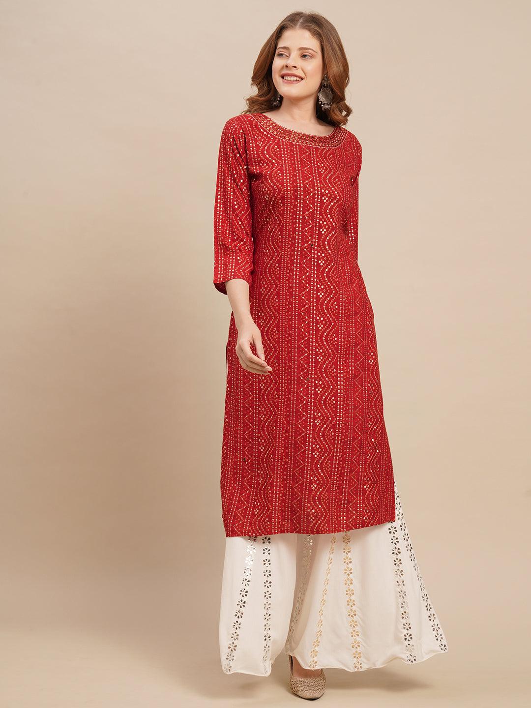 Bandhani Printed & Mirror Embroidered Straight Fit Kurta - Red - Indiakreations