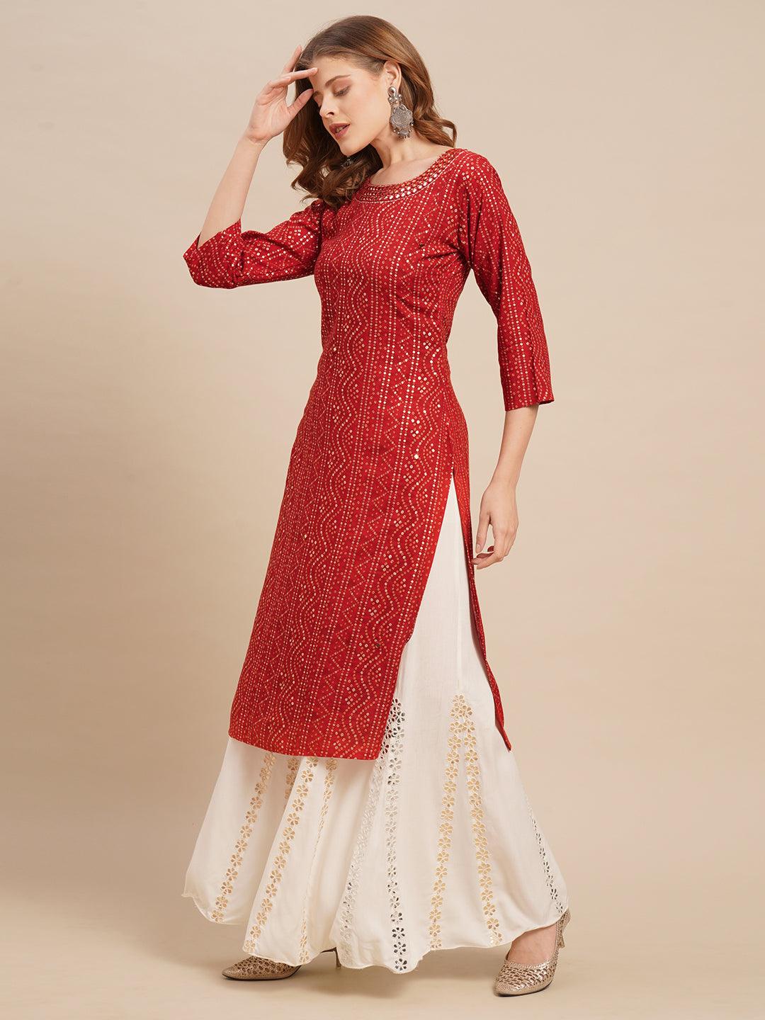 Bandhani Printed & Mirror Embroidered Straight Fit Kurta - Red - Indiakreations