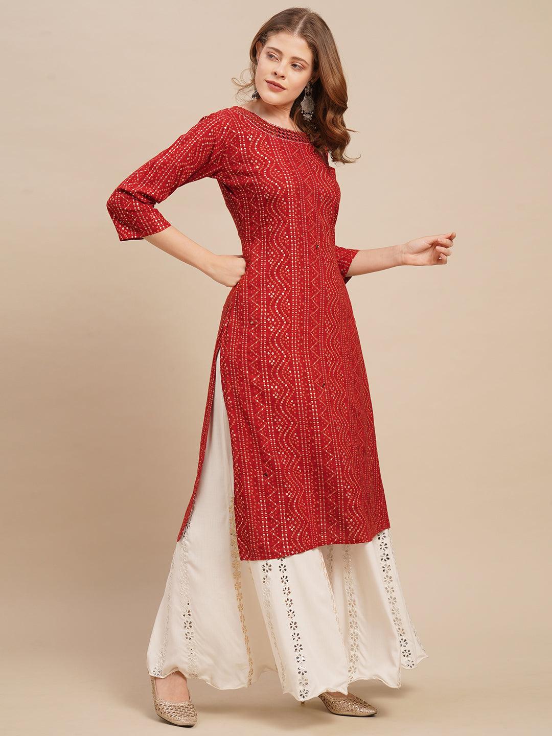 Bandhani Printed & Mirror Embroidered Straight Fit Kurta - Red - Indiakreations