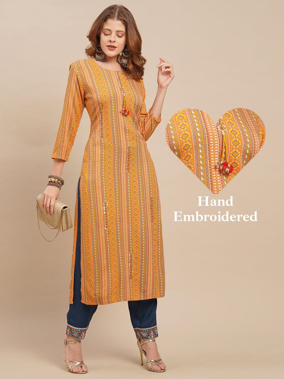 Ethnic Stripes Printed & Hand Embroidered Straight Fit Kurta - Yellow - Indiakreations