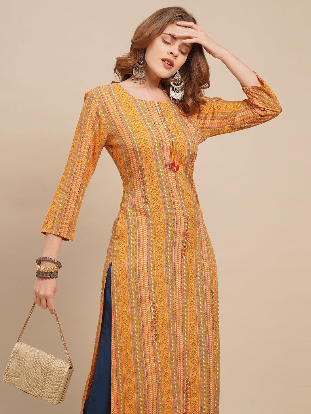 Ethnic Stripes Printed & Hand Embroidered Straight Fit Kurta - Yellow - Indiakreations