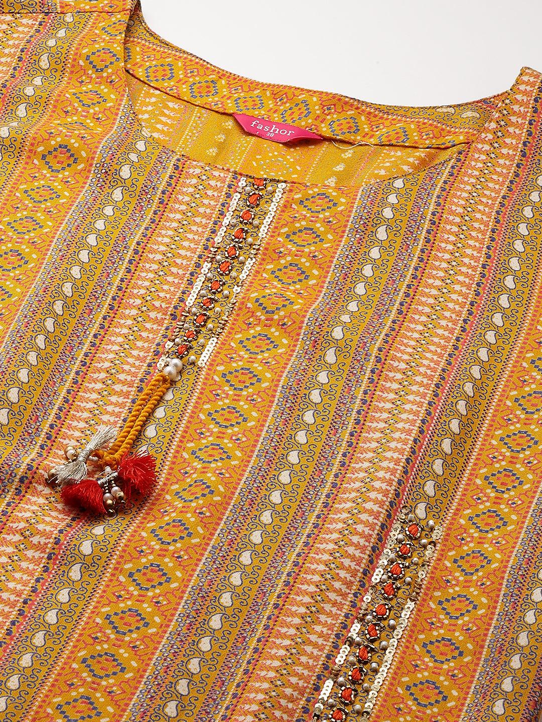 Ethnic Stripes Printed & Hand Embroidered Straight Fit Kurta - Yellow - Indiakreations