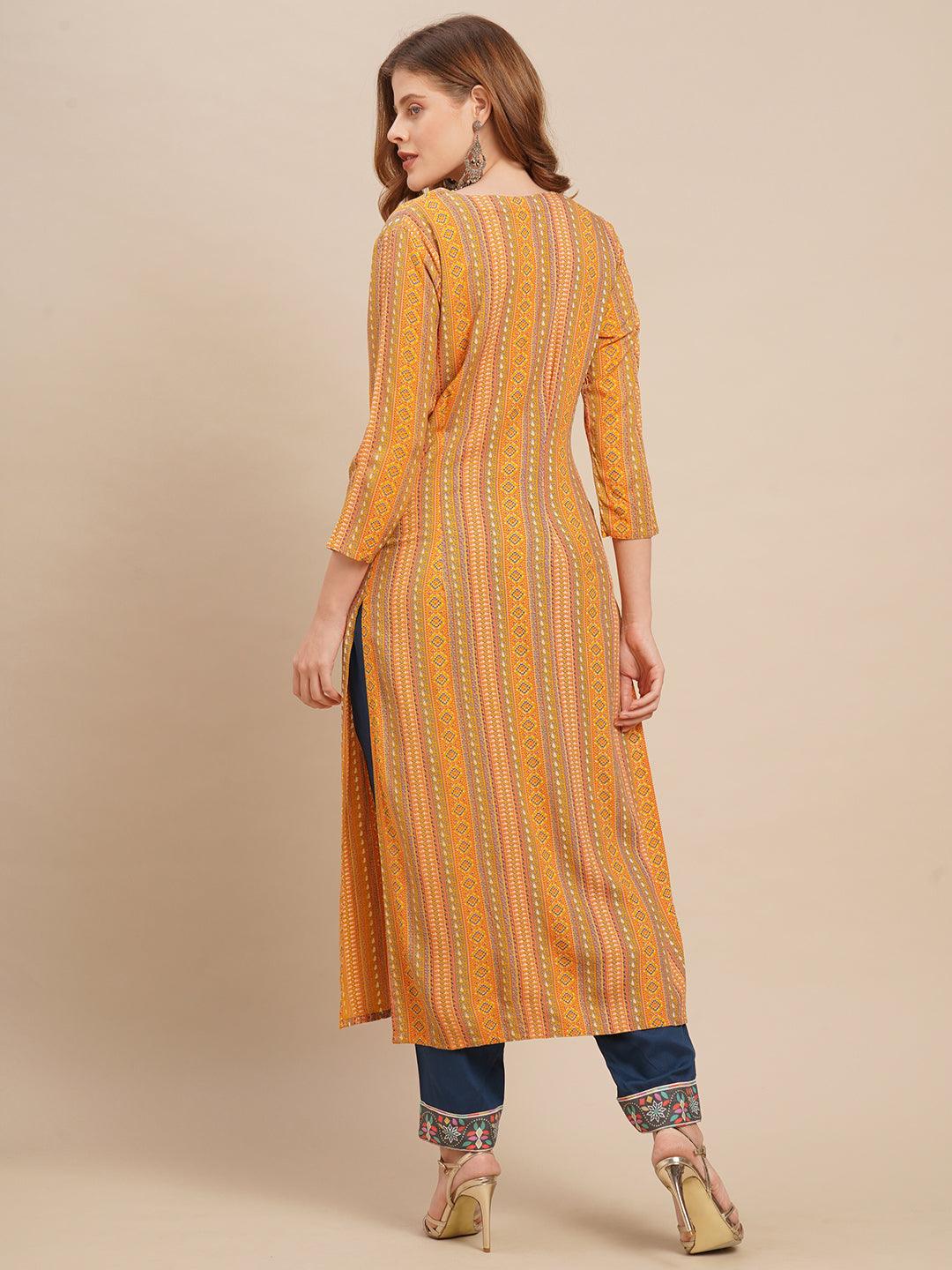 Ethnic Stripes Printed & Hand Embroidered Straight Fit Kurta - Yellow - Indiakreations