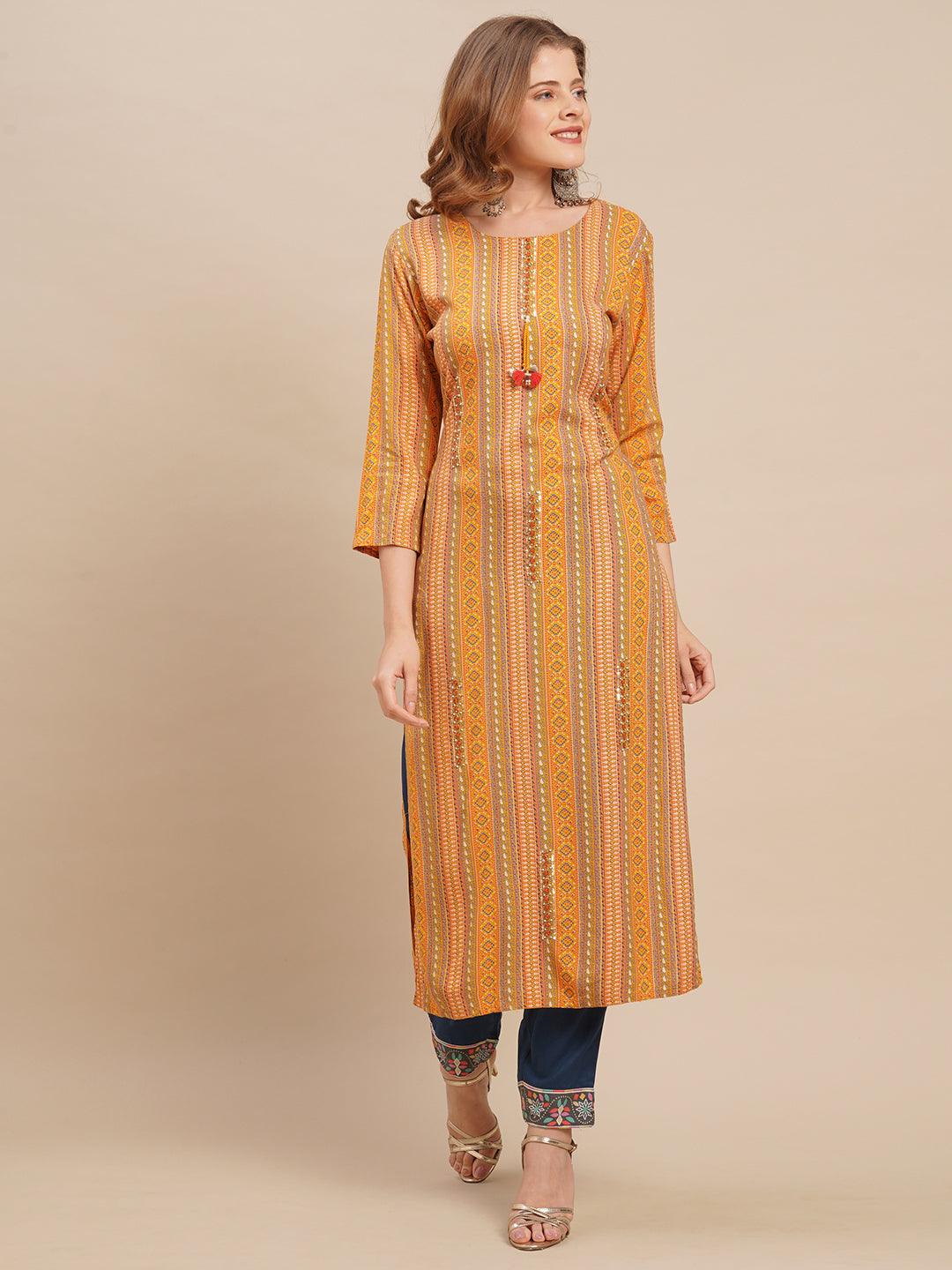 Ethnic Stripes Printed & Hand Embroidered Straight Fit Kurta - Yellow - Indiakreations