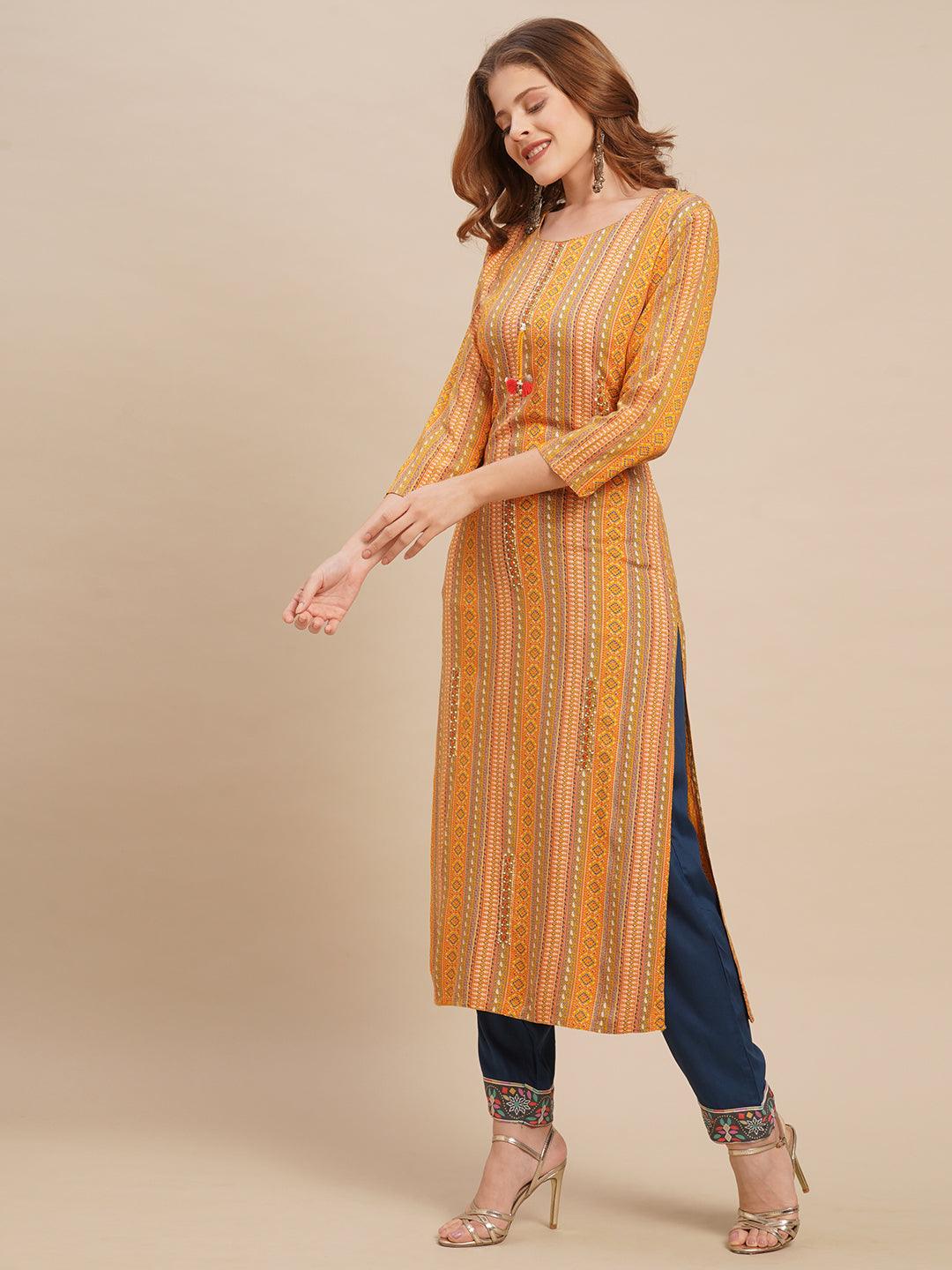 Ethnic Stripes Printed & Hand Embroidered Straight Fit Kurta - Yellow - Indiakreations