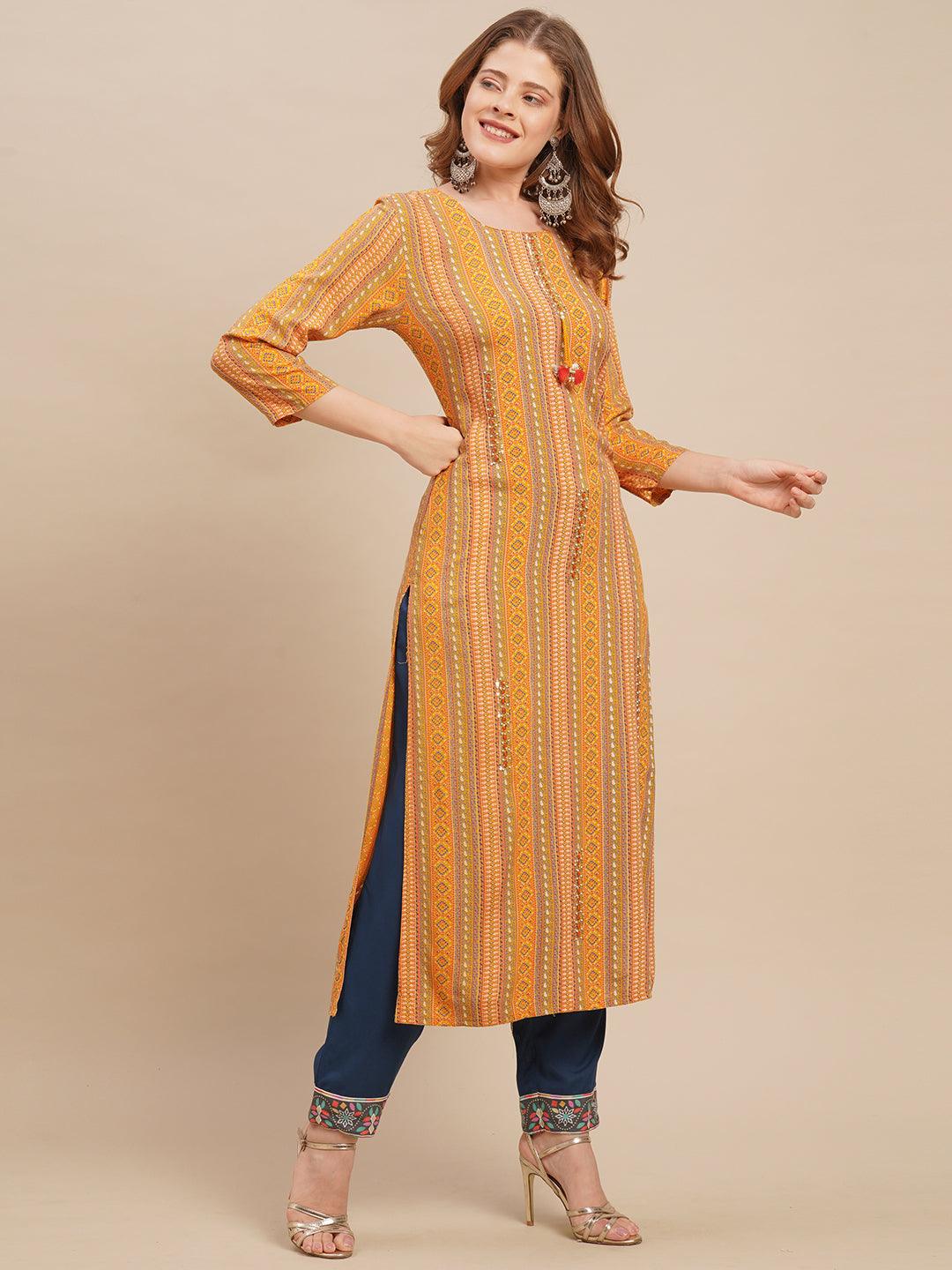 Ethnic Stripes Printed & Hand Embroidered Straight Fit Kurta - Yellow - Indiakreations