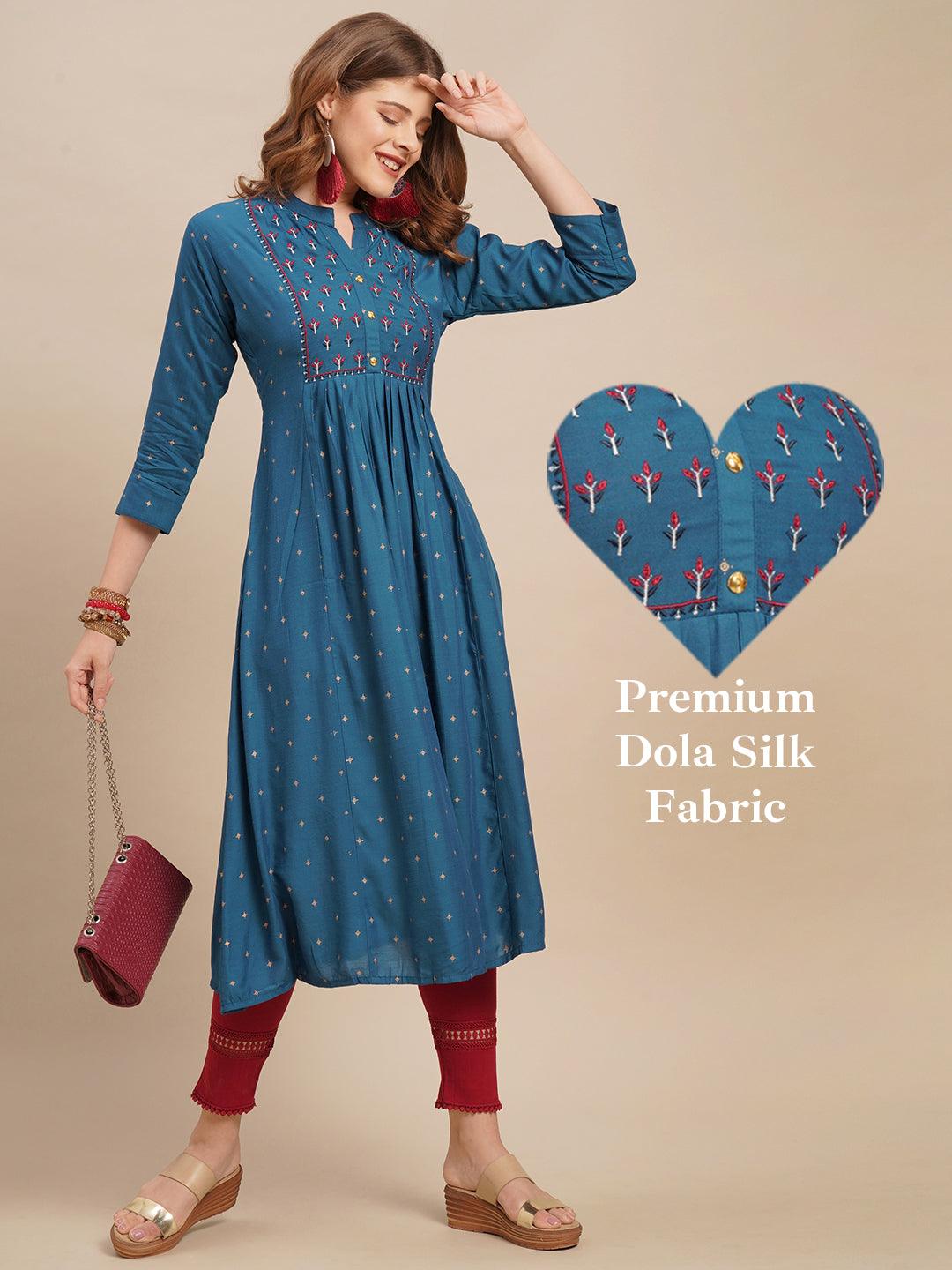 Ethnic Foil Printed & Zari Embroidered A-Line Flared Kurta - Dark Blue - Indiakreations