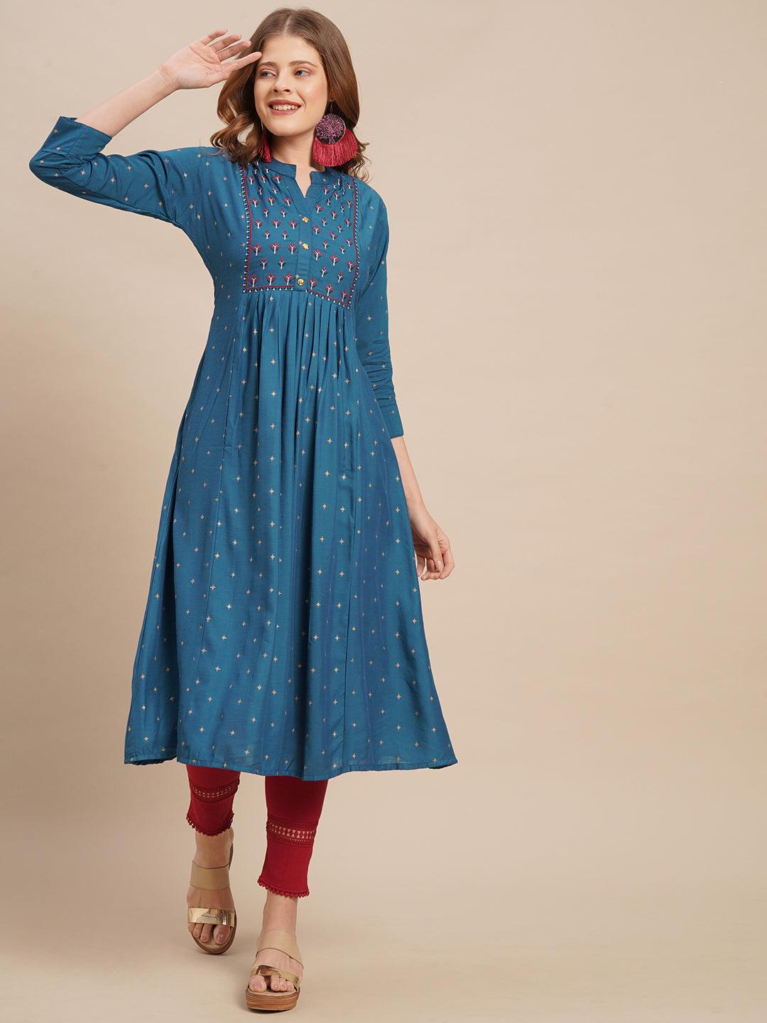 Ethnic Foil Printed & Zari Embroidered A-Line Flared Kurta - Dark Blue - Indiakreations