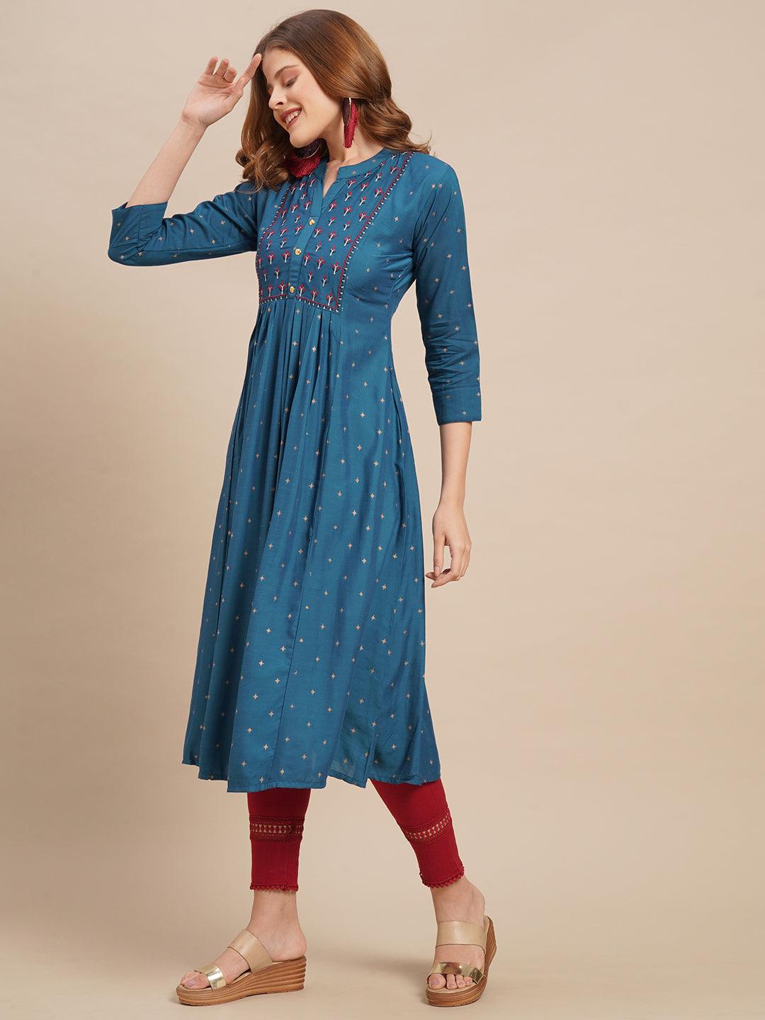 Ethnic Foil Printed & Zari Embroidered A-Line Flared Kurta - Dark Blue - Indiakreations