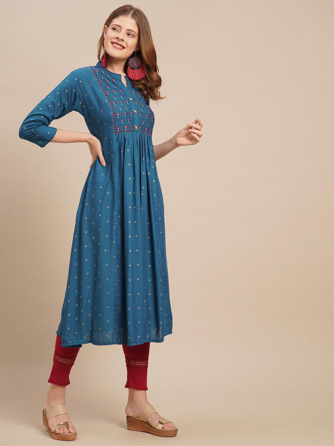 Ethnic Foil Printed & Zari Embroidered A-Line Flared Kurta - Dark Blue - Indiakreations