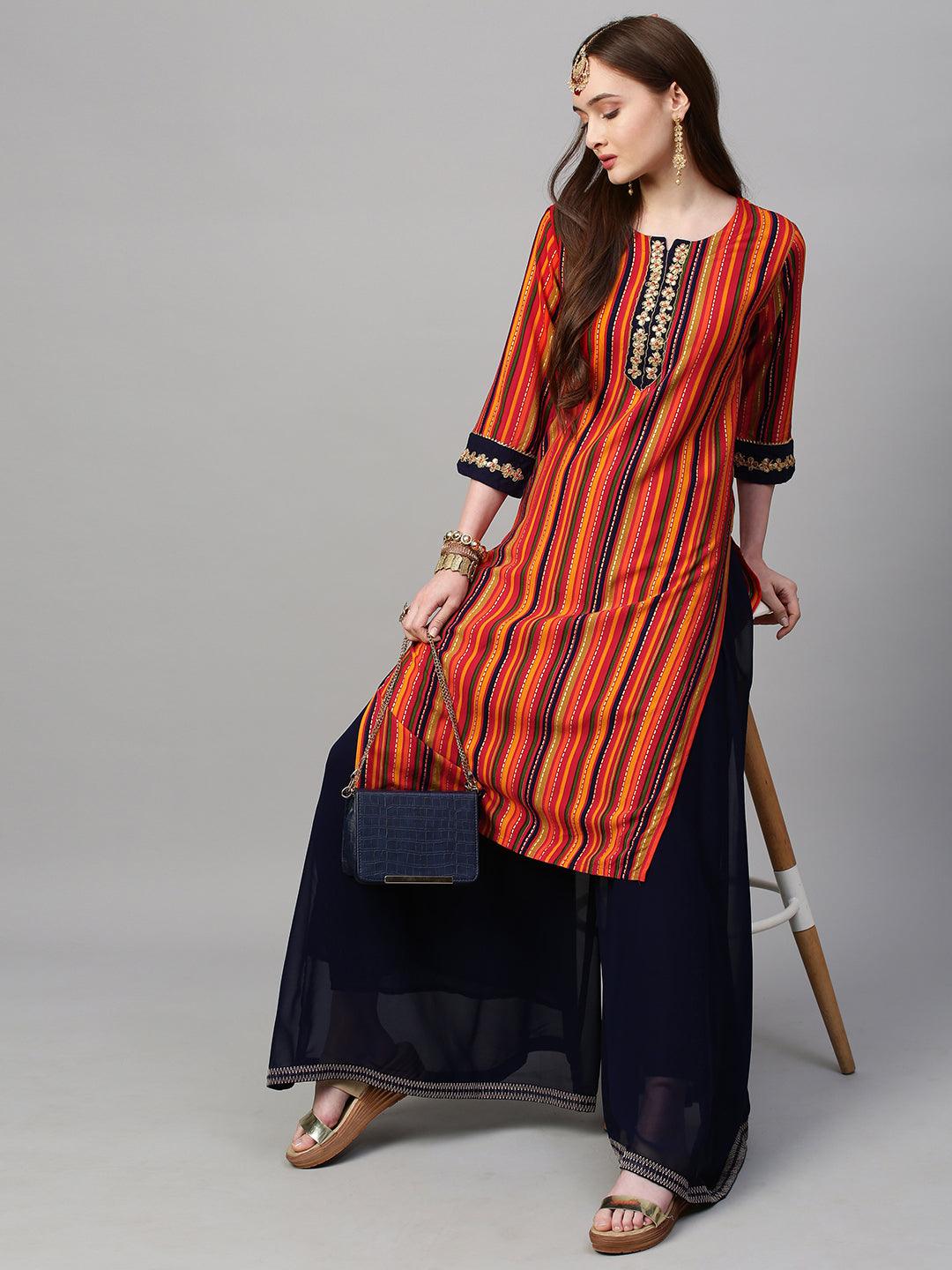 Stripes Printed & Embroidered Straight Fit Kurta - Multi Navy Blue - Indiakreations