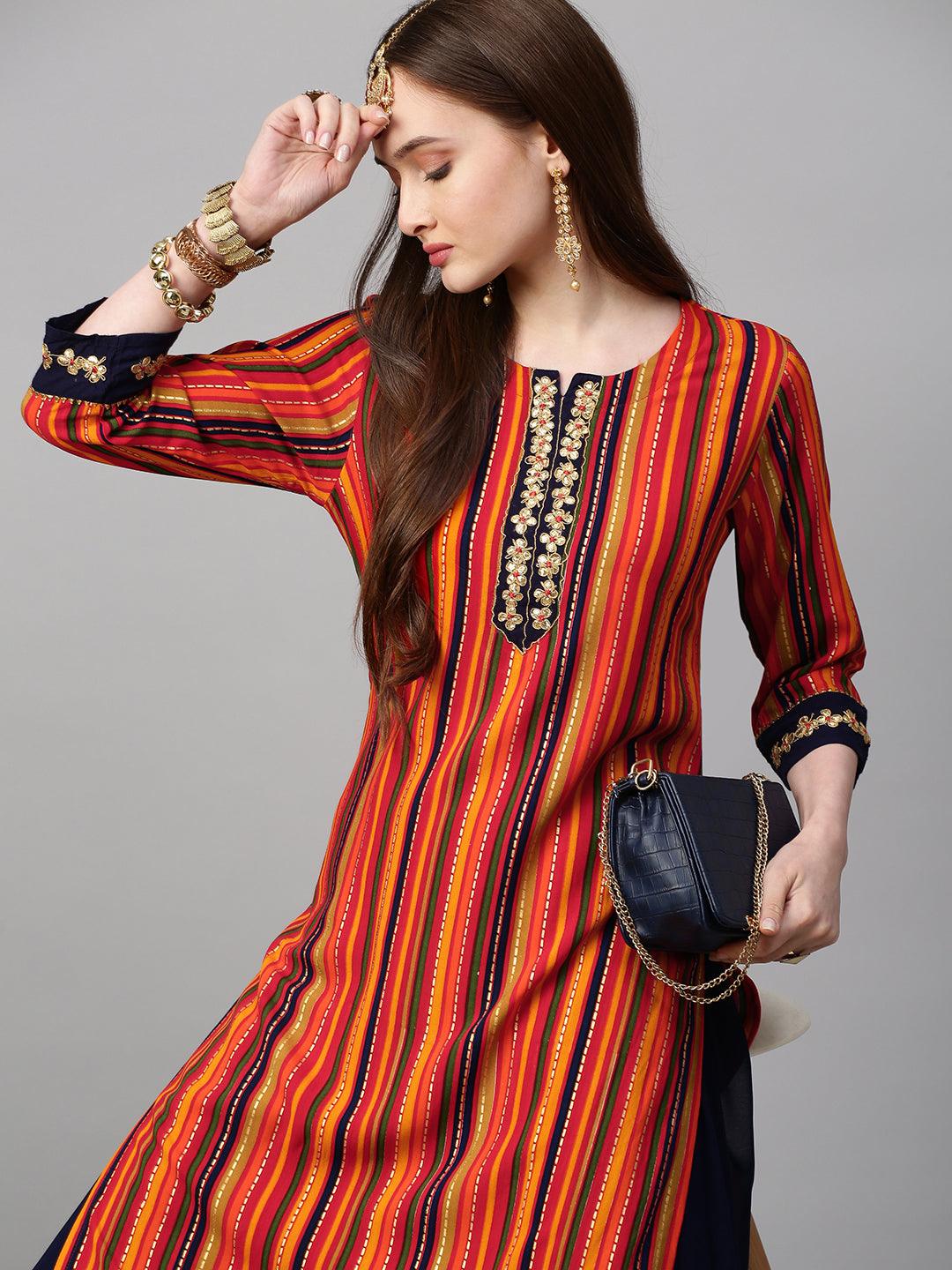 Stripes Printed & Embroidered Straight Fit Kurta - Multi Navy Blue - Indiakreations