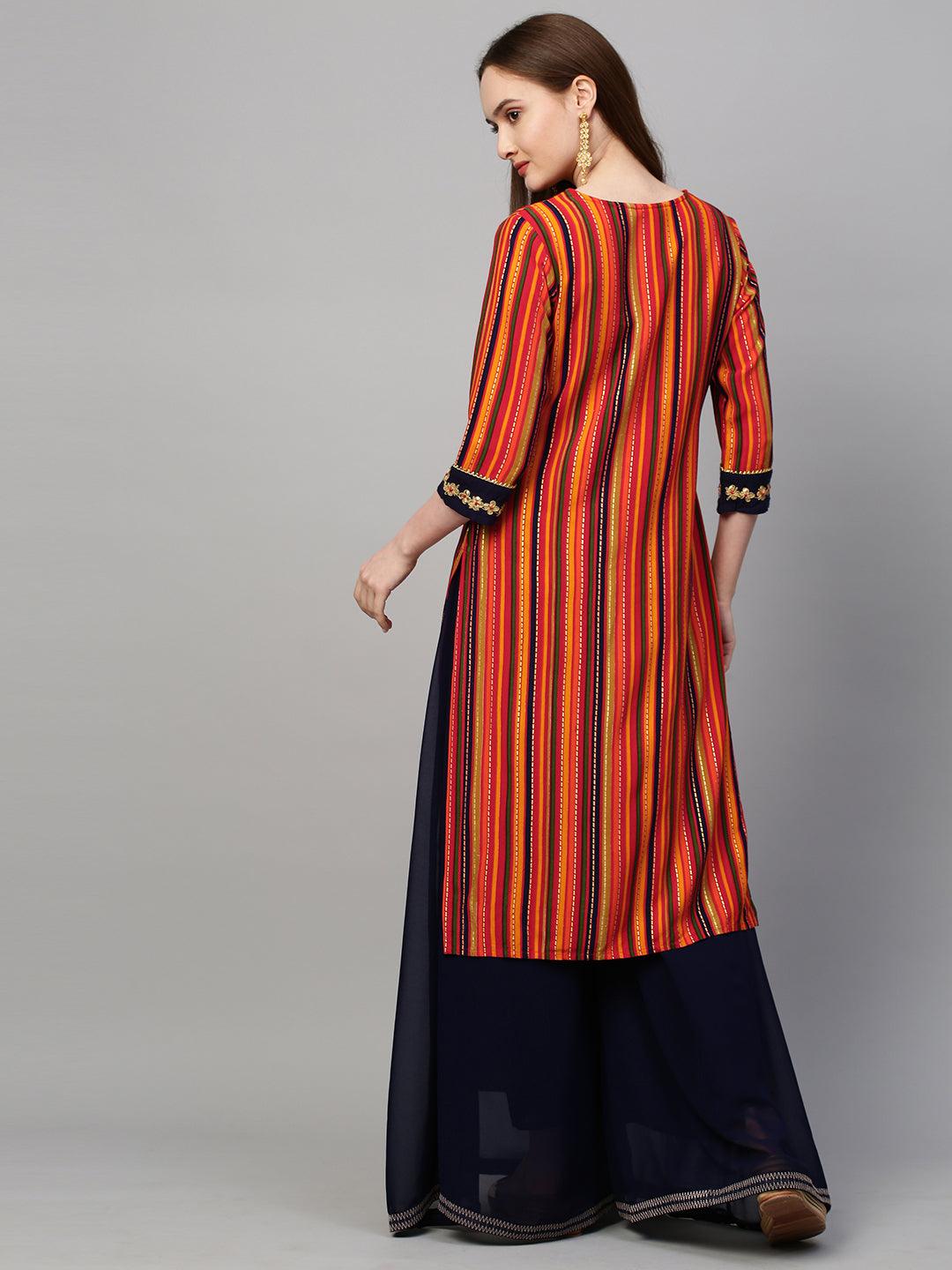 Stripes Printed & Embroidered Straight Fit Kurta - Multi Navy Blue - Indiakreations