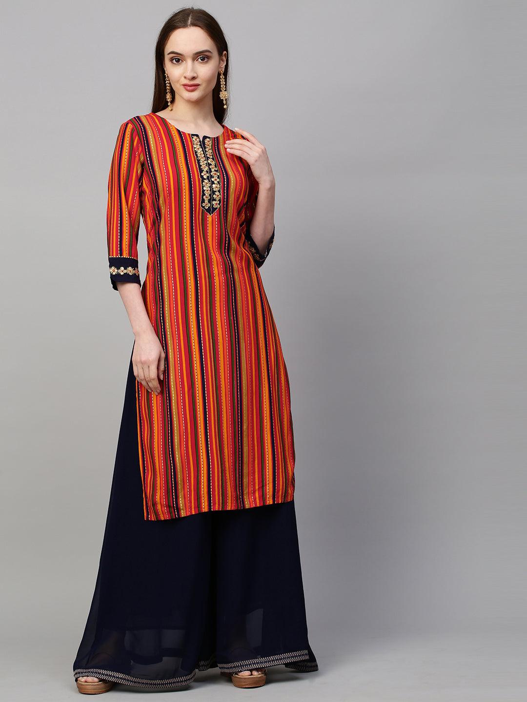 Stripes Printed & Embroidered Straight Fit Kurta - Multi Navy Blue - Indiakreations