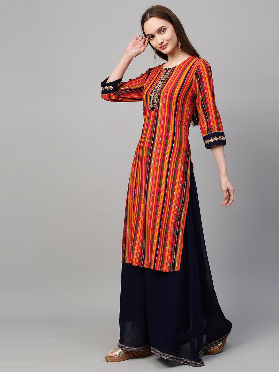 Stripes Printed & Embroidered Straight Fit Kurta - Multi Navy Blue - Indiakreations