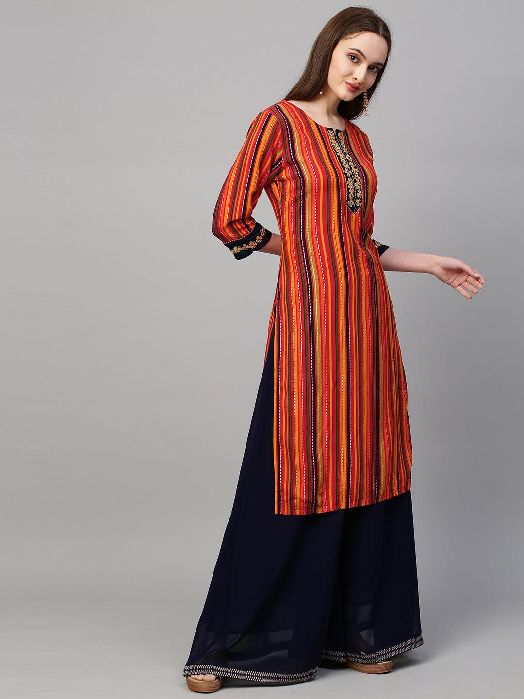 Stripes Printed & Embroidered Straight Fit Kurta - Multi Navy Blue - Indiakreations