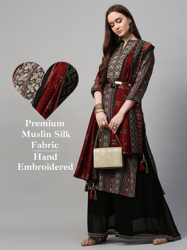 Ethnic Printed & Hand Embroidered Kurta & Palazzo with Dupatta - Black - Indiakreations